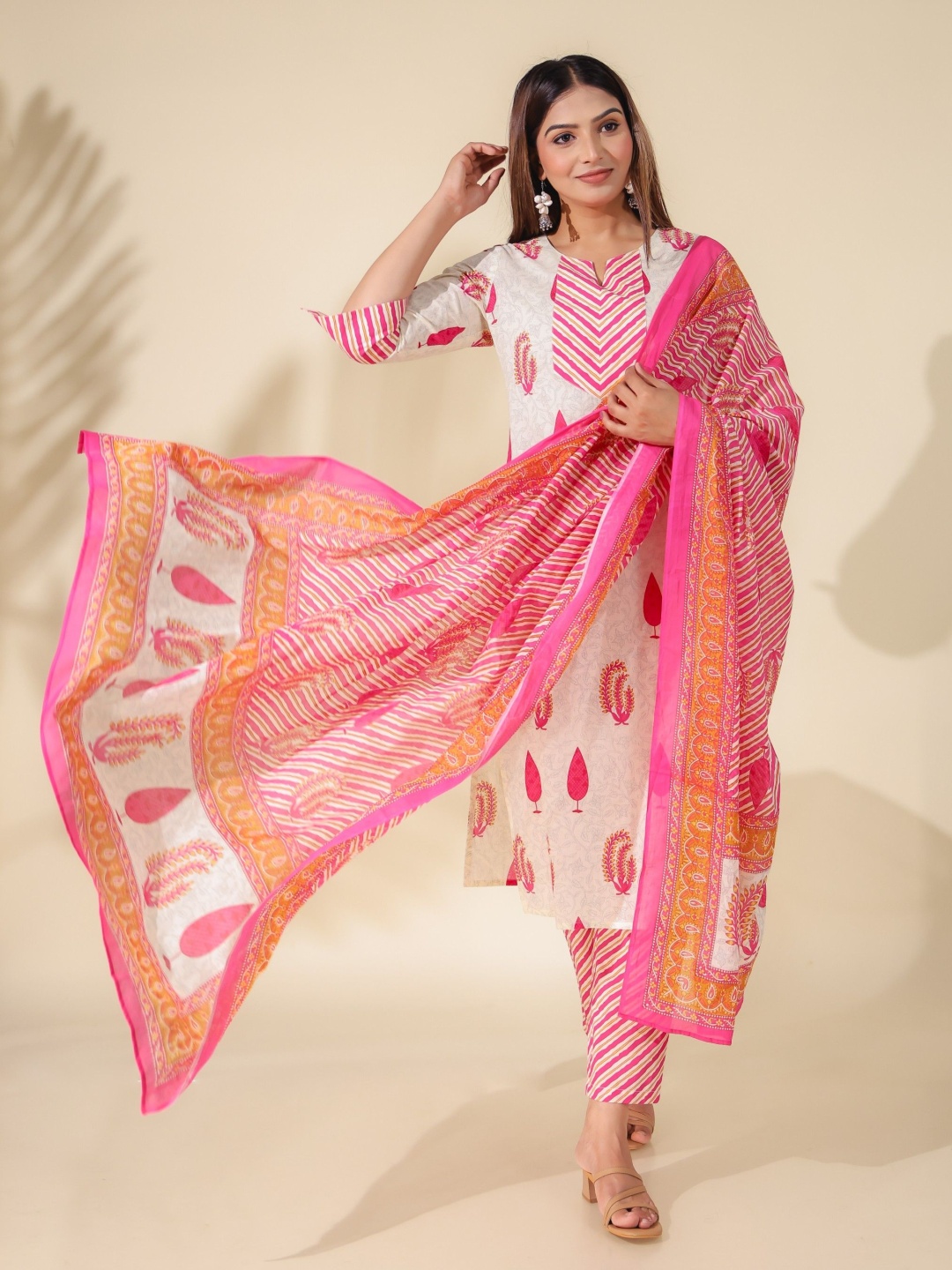 

Aramya Floral Printed Notch Neck Soft Cotton Straight Kurta With Trousers & Dupatta, Pink