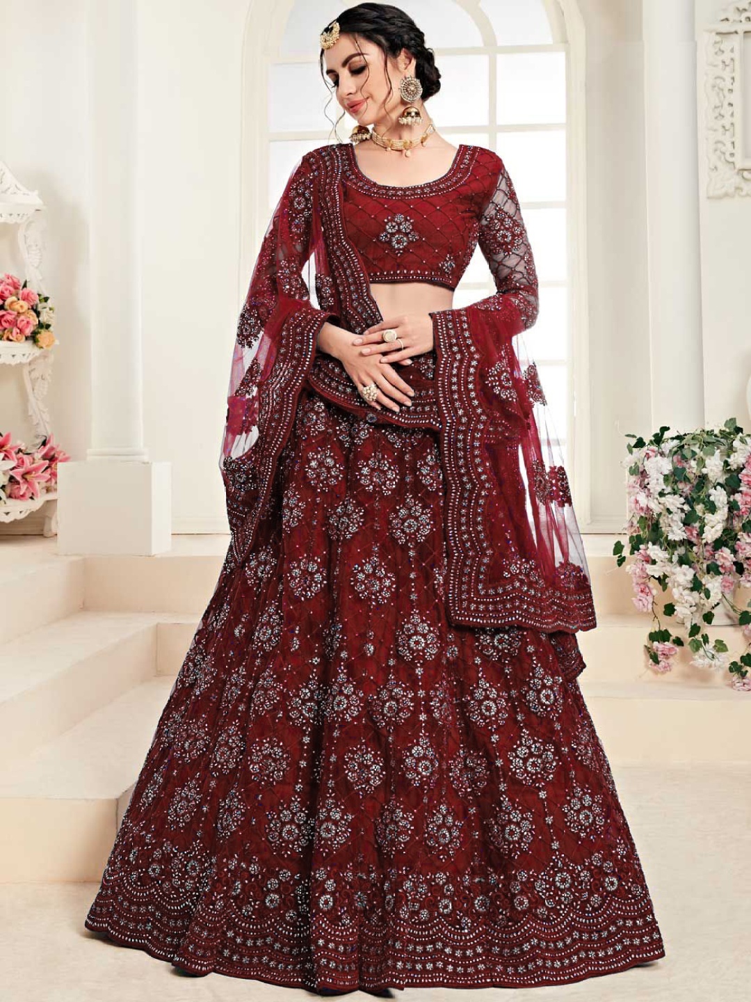 

Cute fellow Embroidered Thread Work Semi-Stitched Lehenga & Unstitched Blouse With Dupatta, Maroon