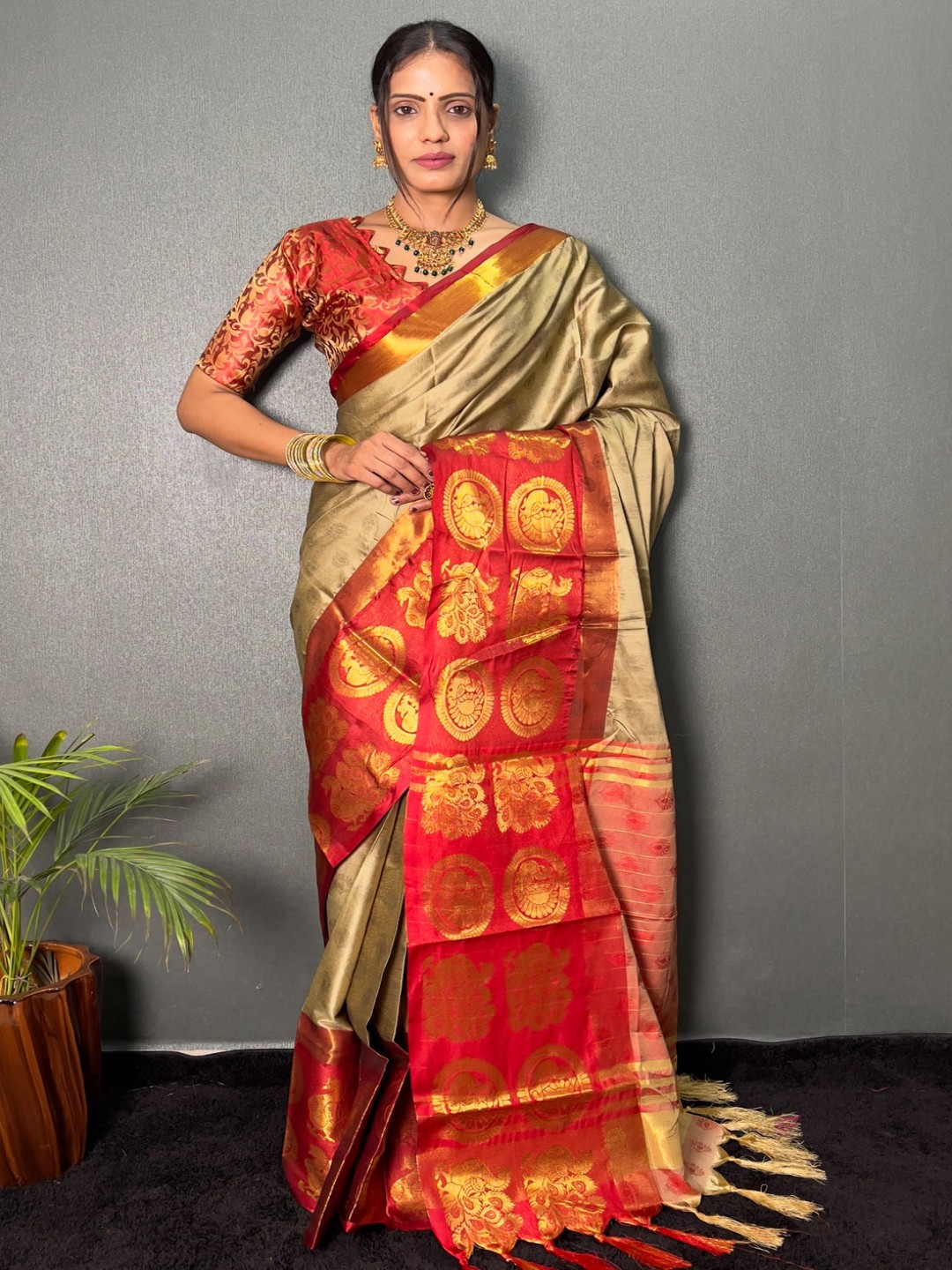 

KALINI Woven Design Banarasi Zari Ready to Wear Saree, Brown