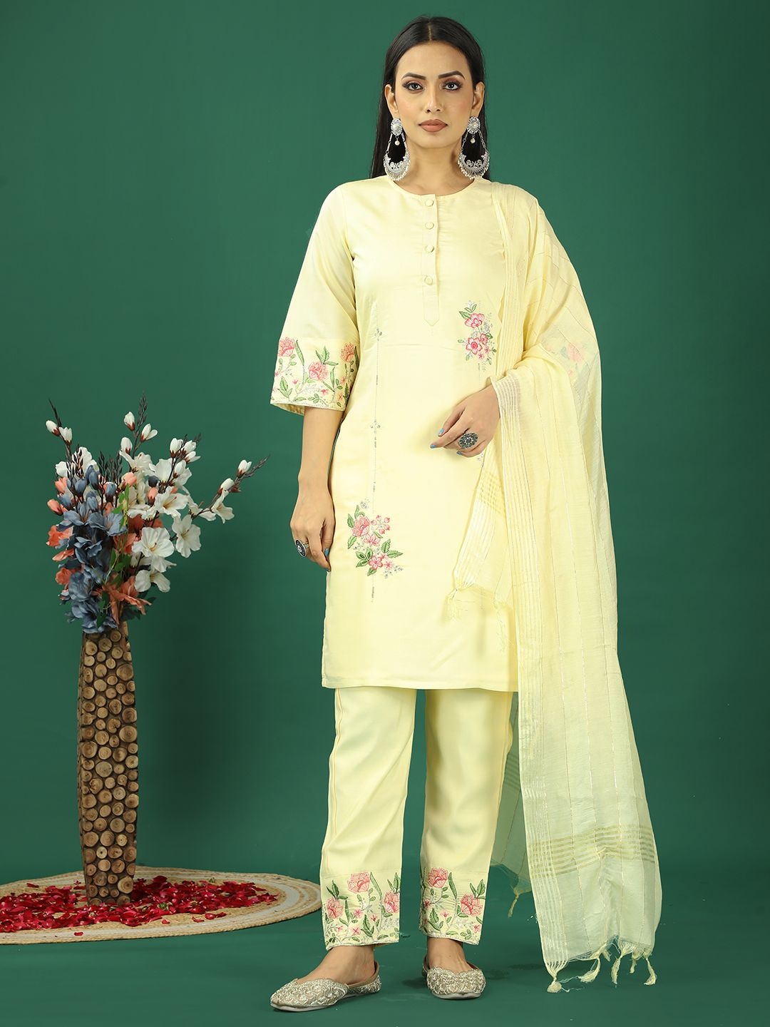 

Ethnovog Floral Embroidered Straight Kurta With Trouser And Dupatta, Yellow