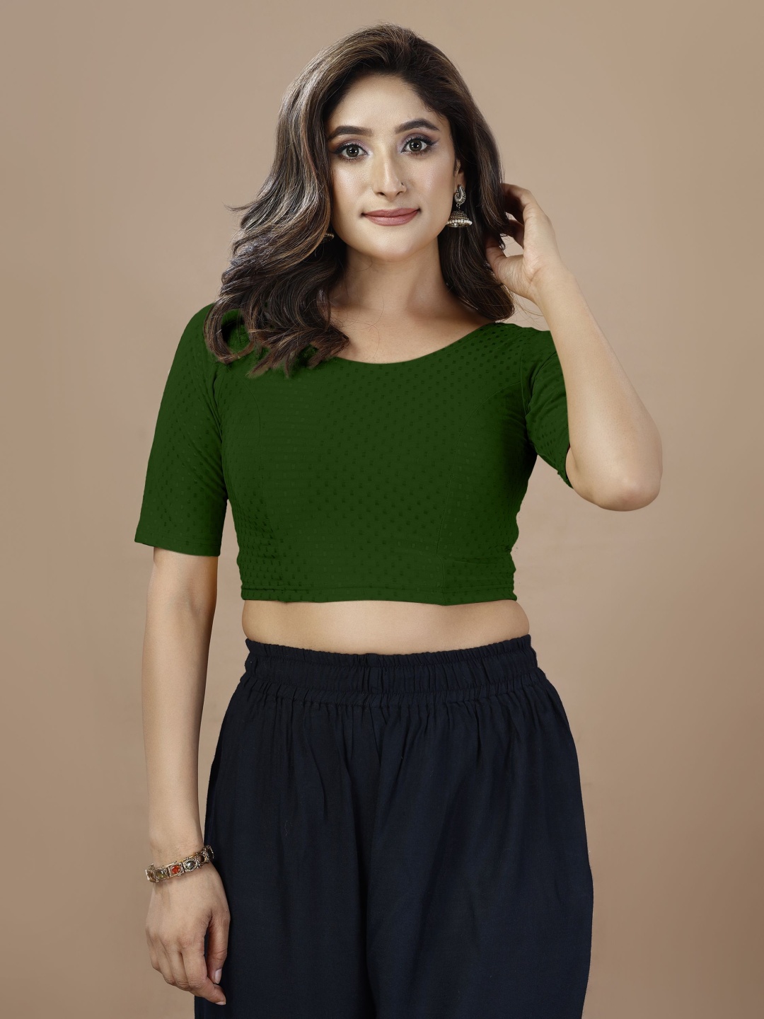 

Oomph! Non Padded Round Neck Saree Blouse, Green