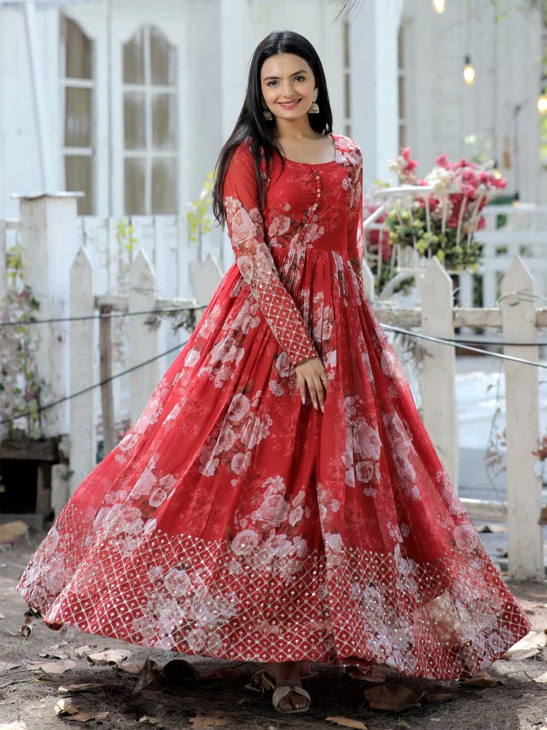 

KALINI Women Floral Printed Fit and Flare Ethnic Dresses, Red