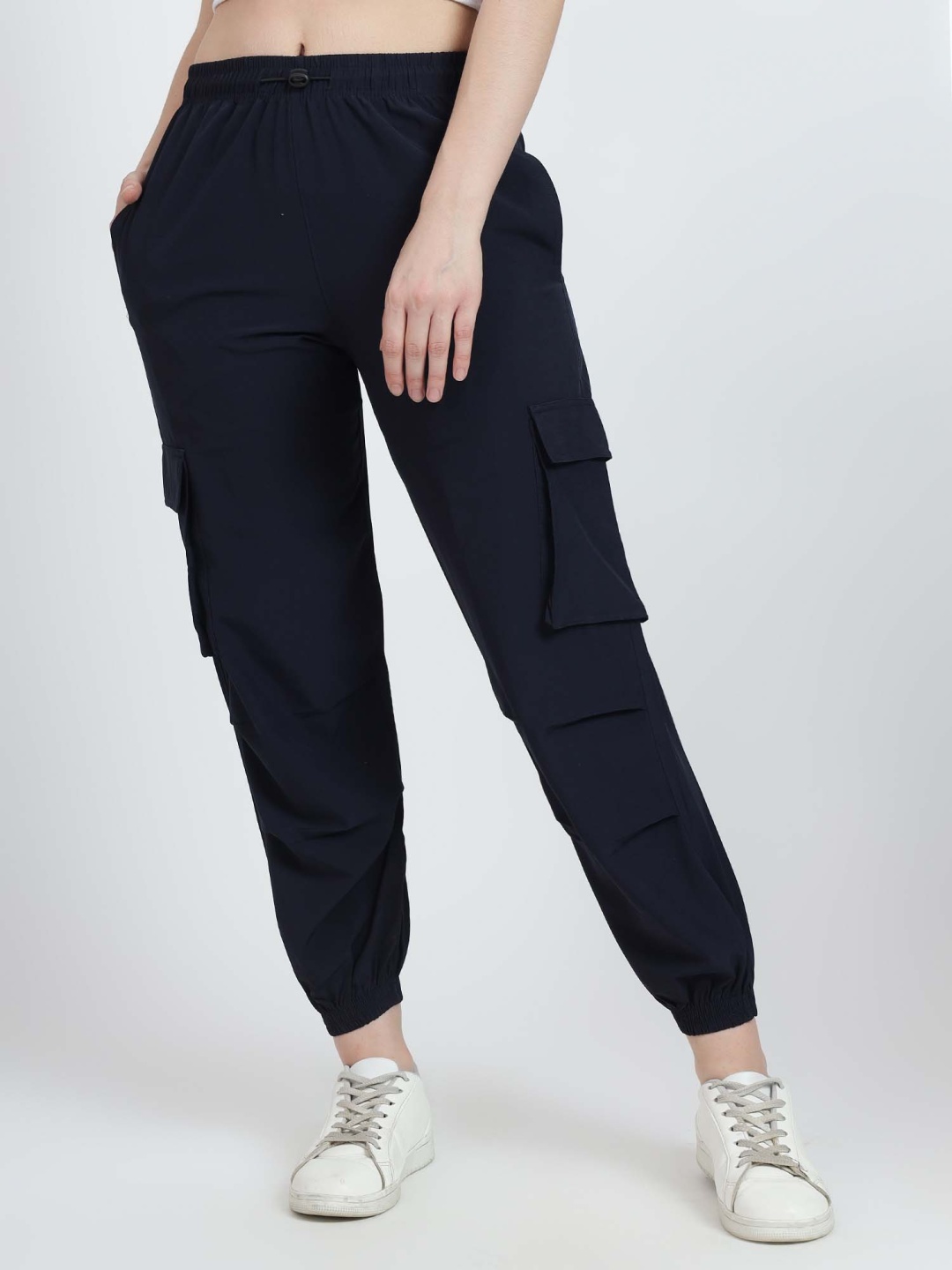 

SAAHASAM Women Relaxed Loose Fit Easy Wash Mid Rise Joggers Trousers, Navy blue