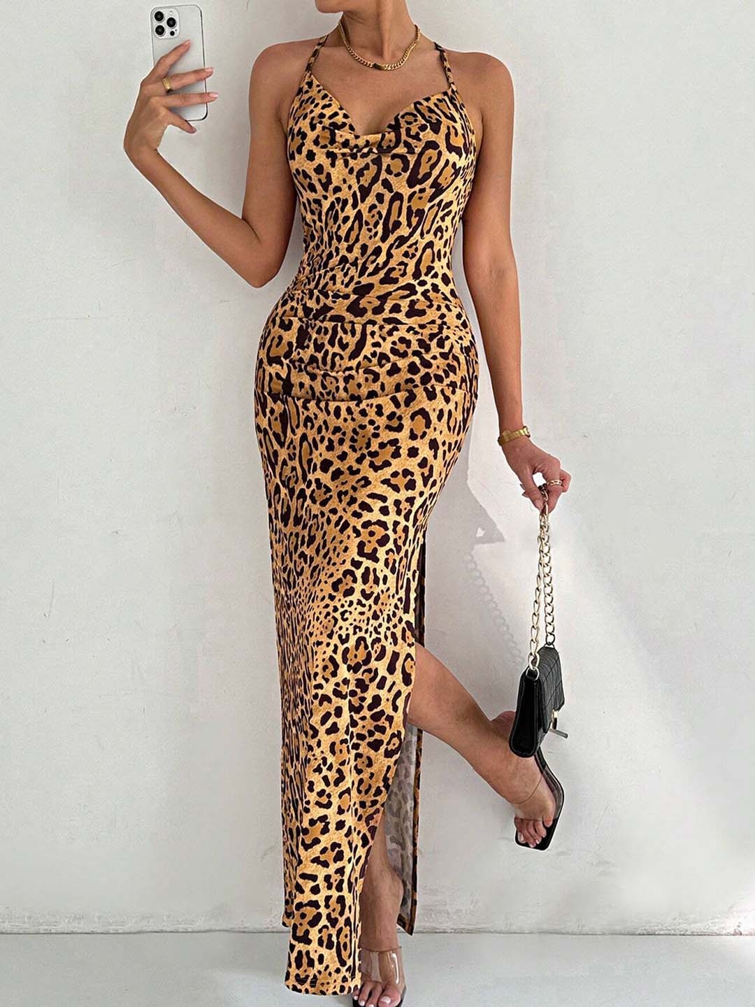 

BAESD Women Animal Skin Printed Bodycon Maxi Dress, Yellow