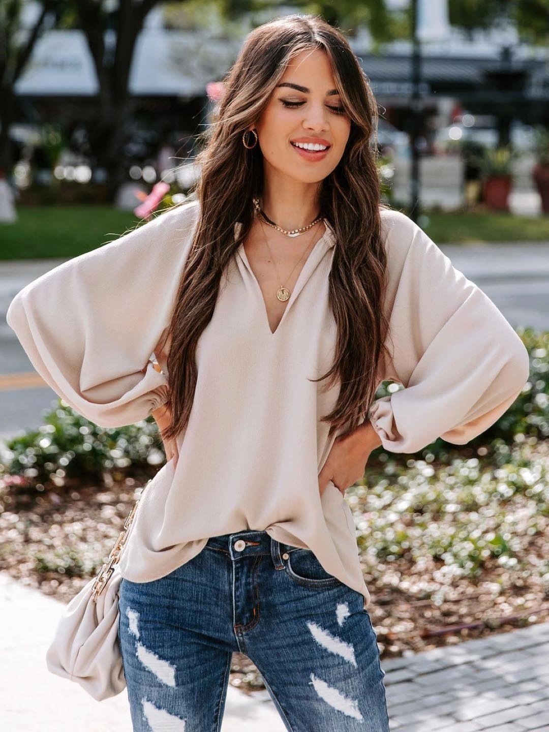 

KPOP Women V-Neck Long Sleeves Top, Khaki