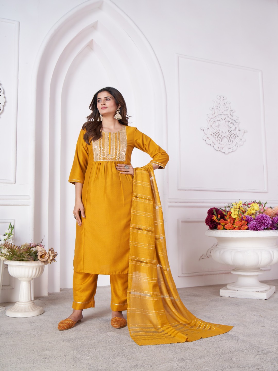 

Rujave Women Embroidered Regular Pure Silk Kurta with Trousers & With Dupatta, Yellow