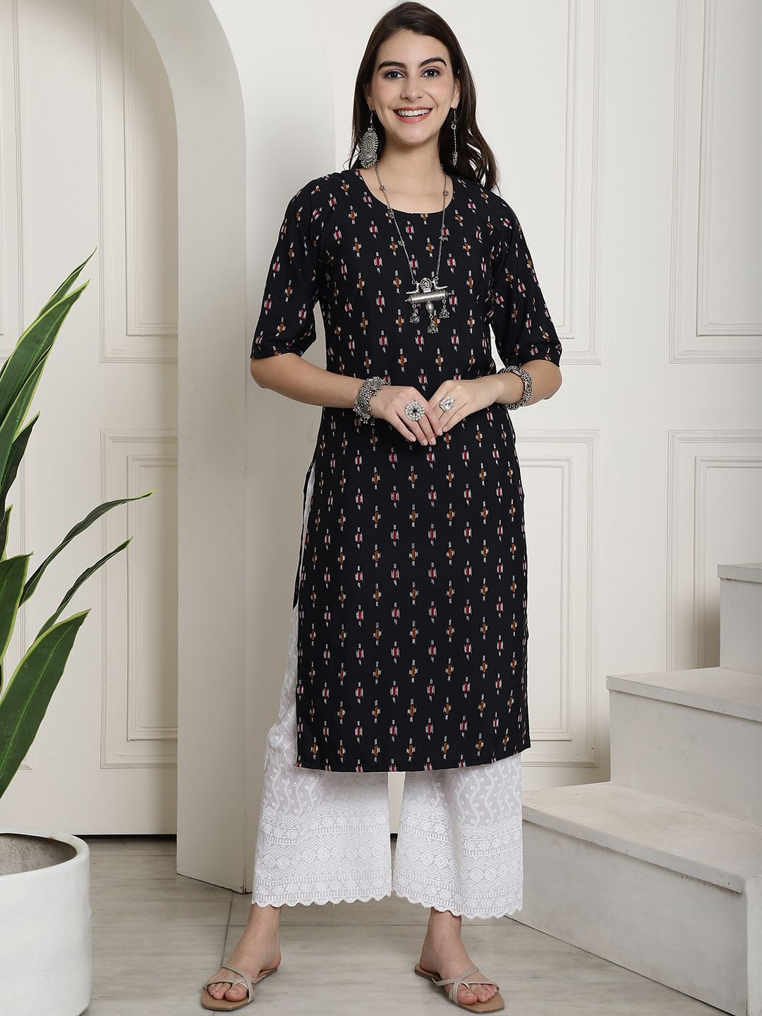 

7Threads Selection Of 6 Ethnic Motifs Printed Crepe Straight Kurtas, Black