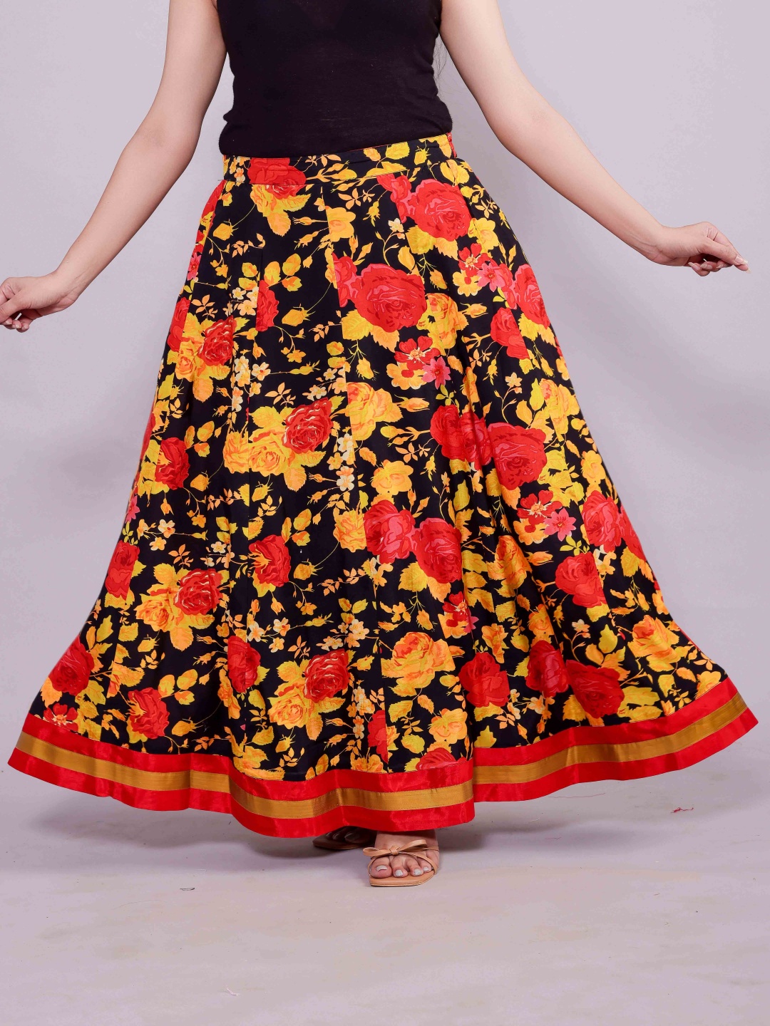 

VASVI Floral Printed Flared Maxi Skirts, Black