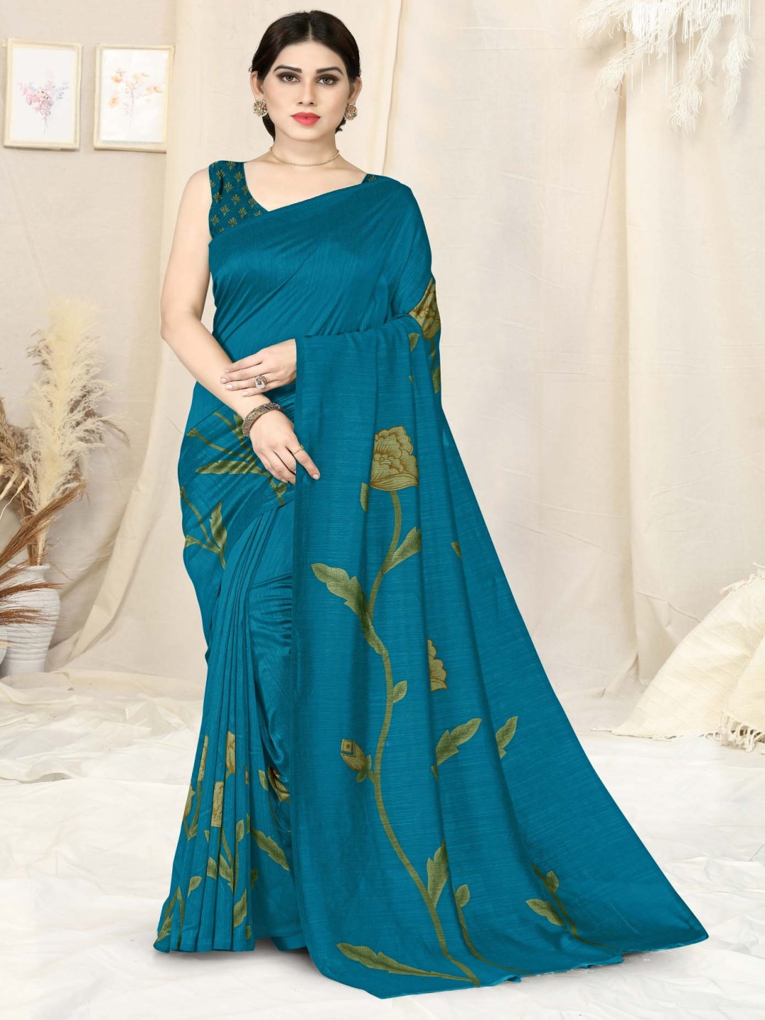 

MIRCHI FASHION Printed Floral Ready to Wear Saree, Blue