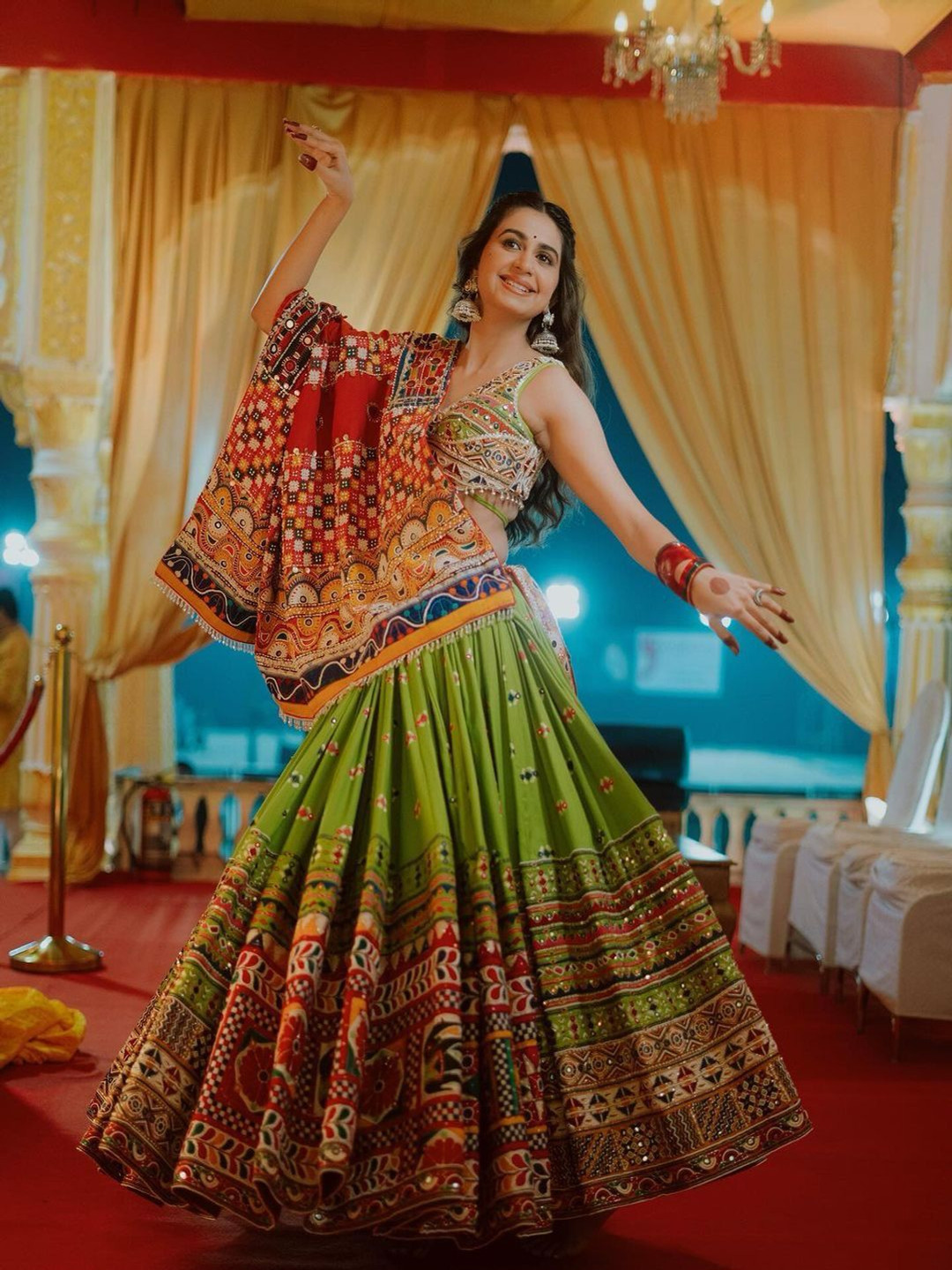 

MAHALASA Printed Mirror Work Ready to Wear Lehenga & Unstitched Blouse With Dupatta, Green