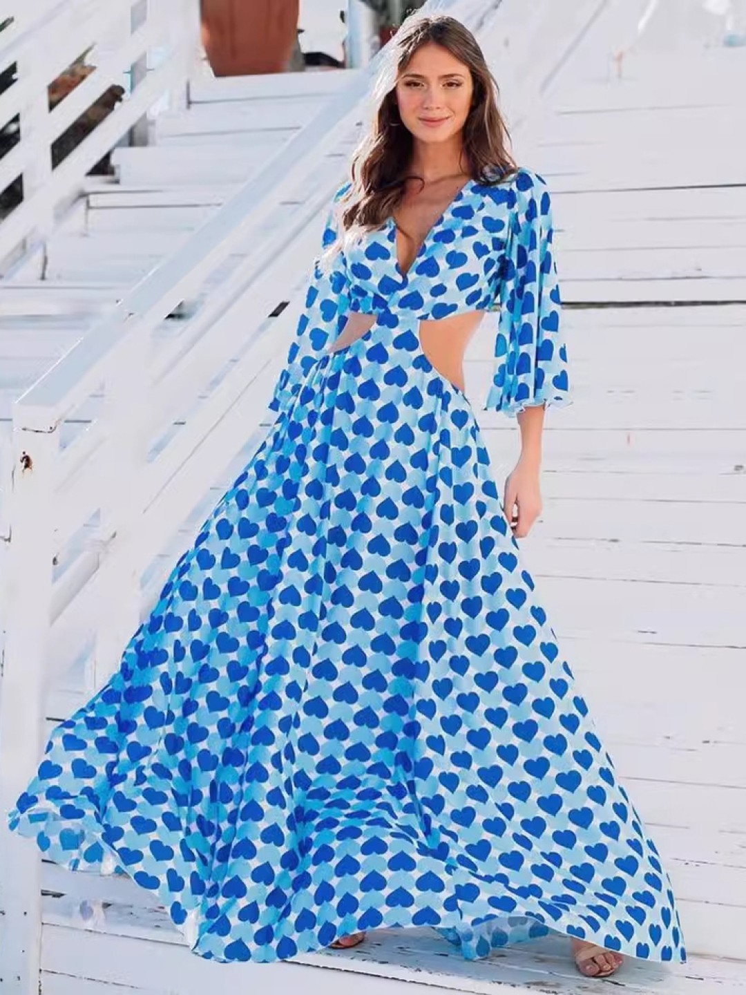 

LULU & SKY Floral Print Flared Sleeve Maxi Dress, Blue