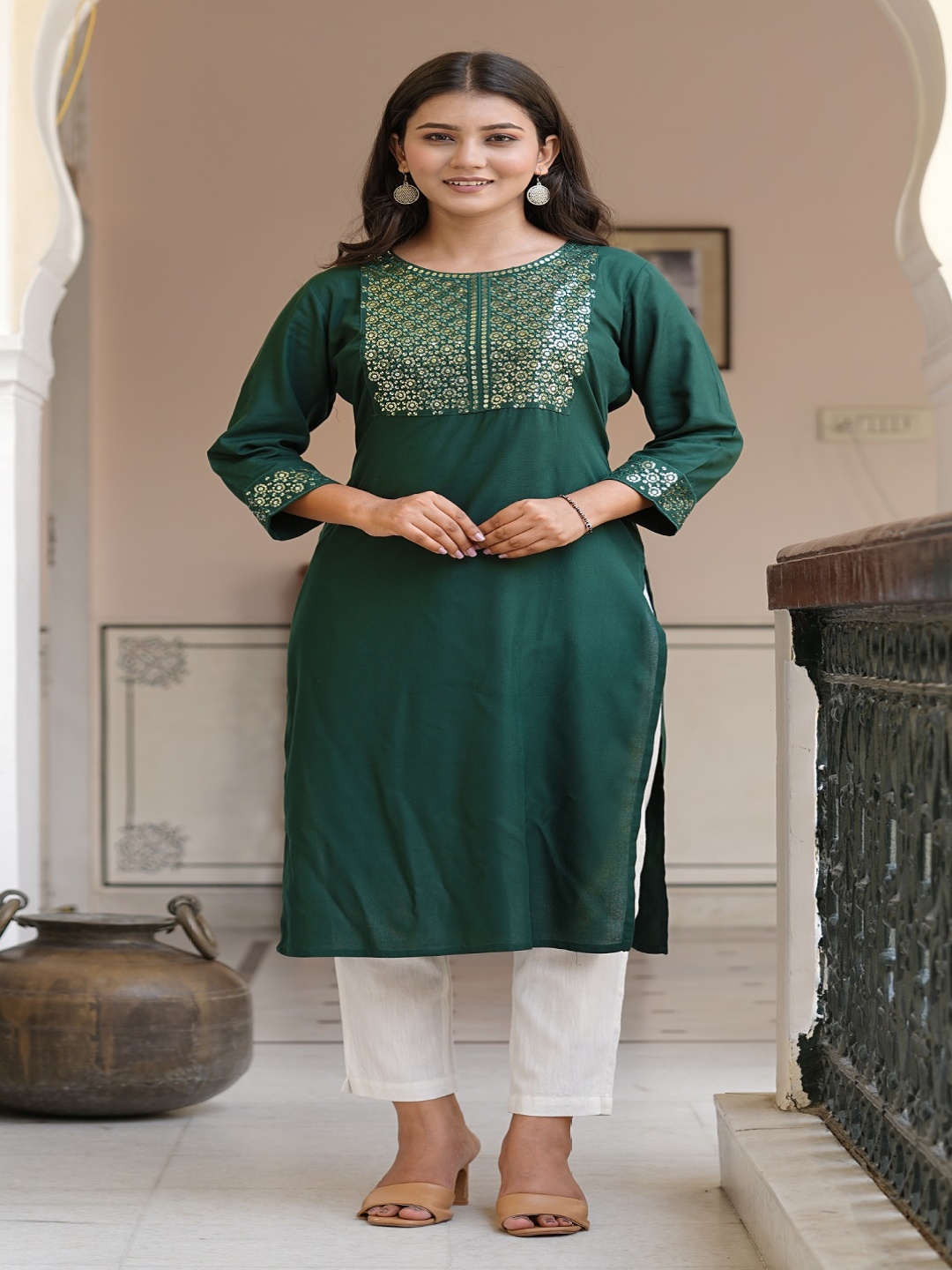 

MF Hayat Women Yoke Design Sequins Straight Kurtas, Green