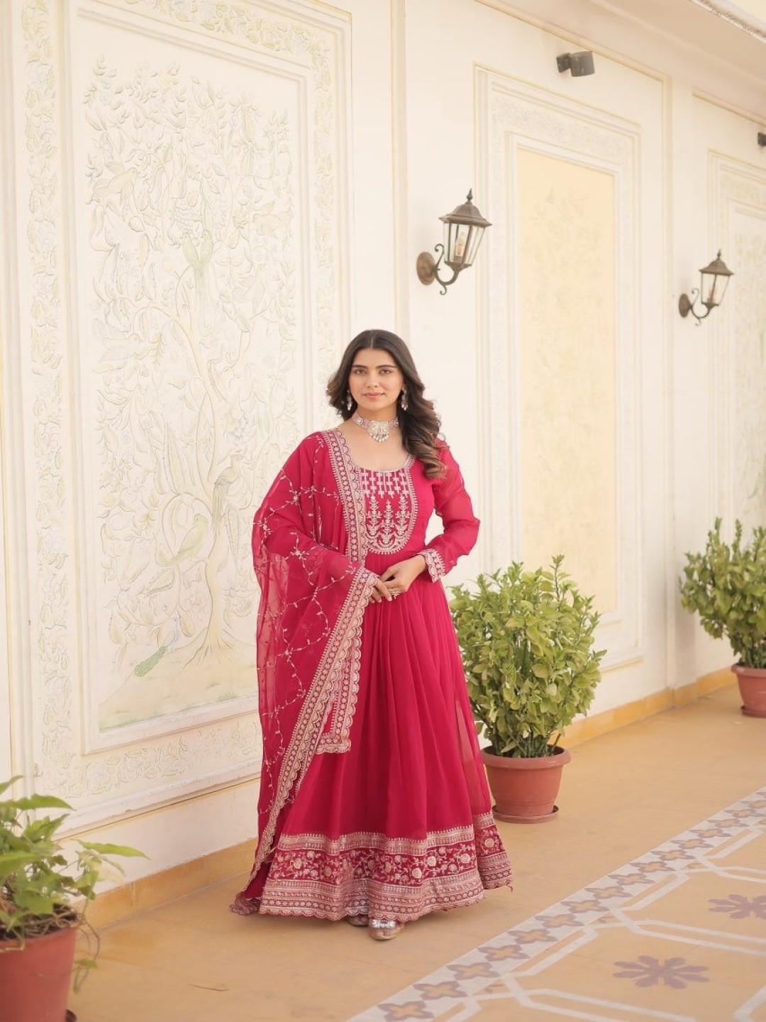 

JATRIQQ Embroidered Sequins Faux Blooming Gown Ethnic Dress With Dupatta, Pink