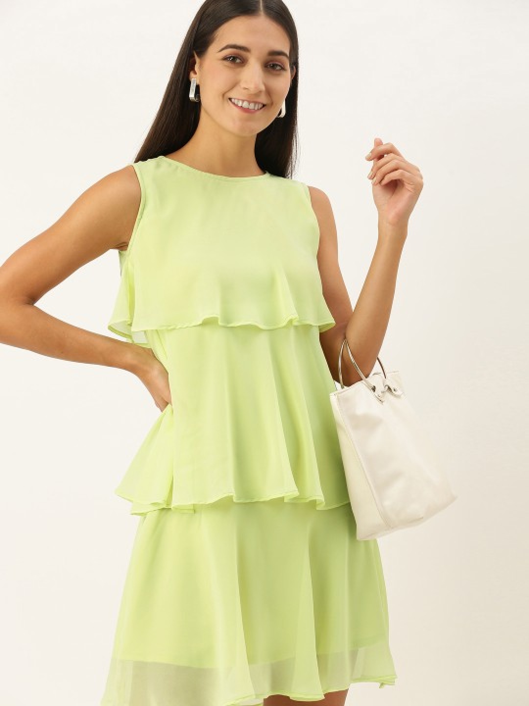 

MELOSO Layered Georgette Fit & Flare Dress, Lime green