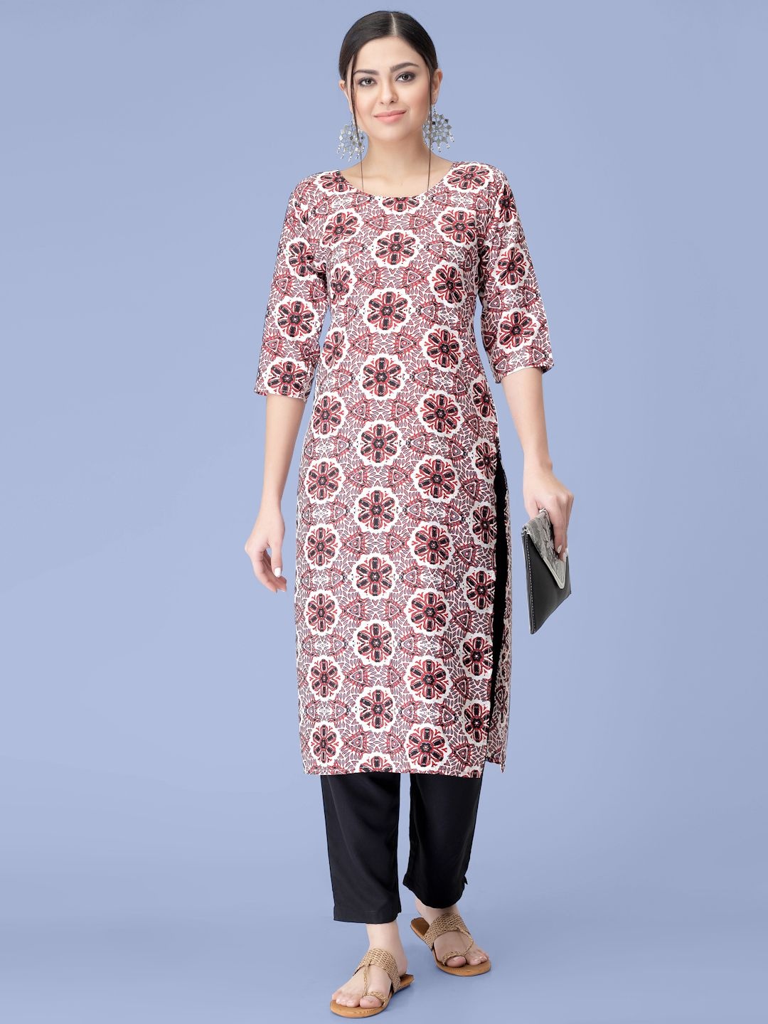 

7Threads Floral Printed Round Neck Straight Kurta And Trousers, Red