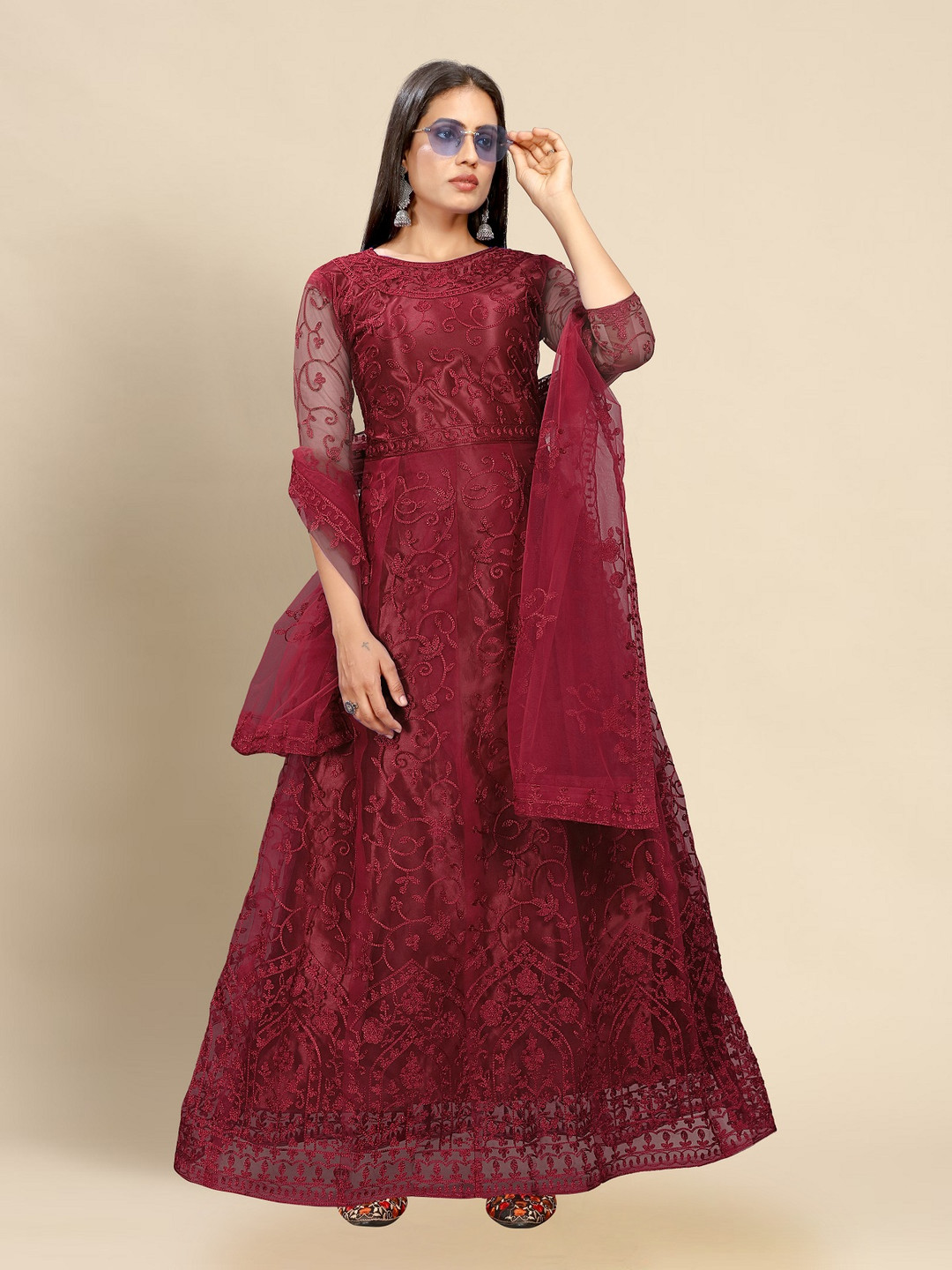 

LADY SHOPI Women Embroidered Net Fit & Flare Maxi Dress, Maroon