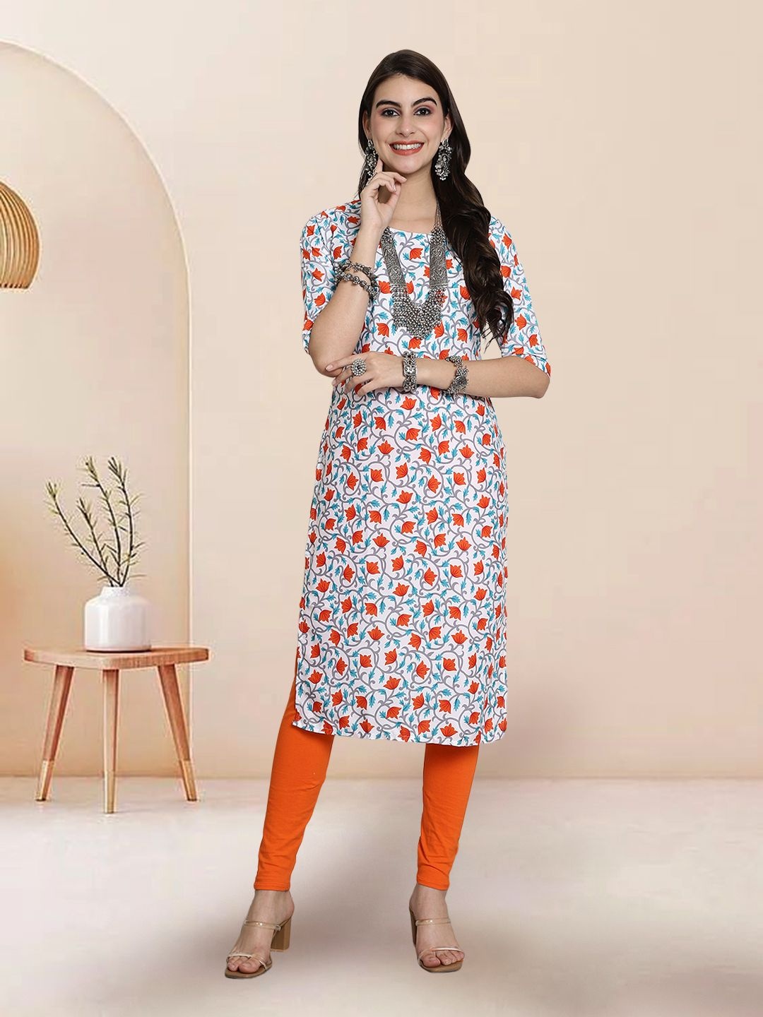 

7Threads Floral Printed Round Neck Straight Kurta, White