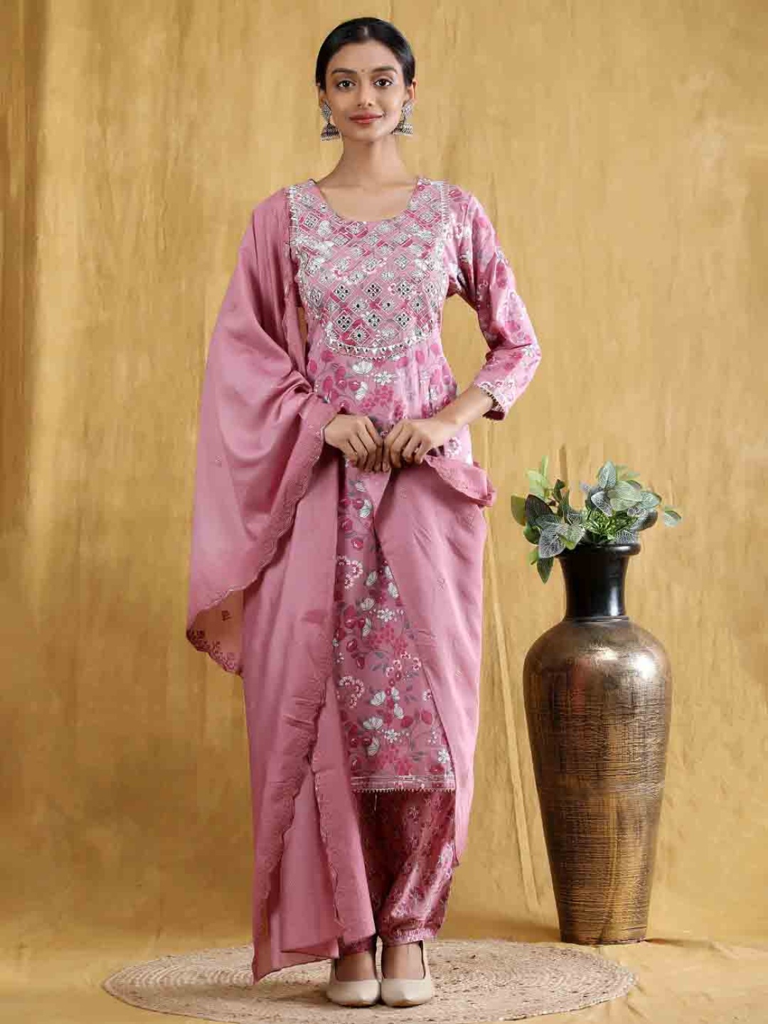 

SHIFORY Embroidered Round Neck 3/4 Sleeve Sky Straight kurta Pant with Dupatta, Pink