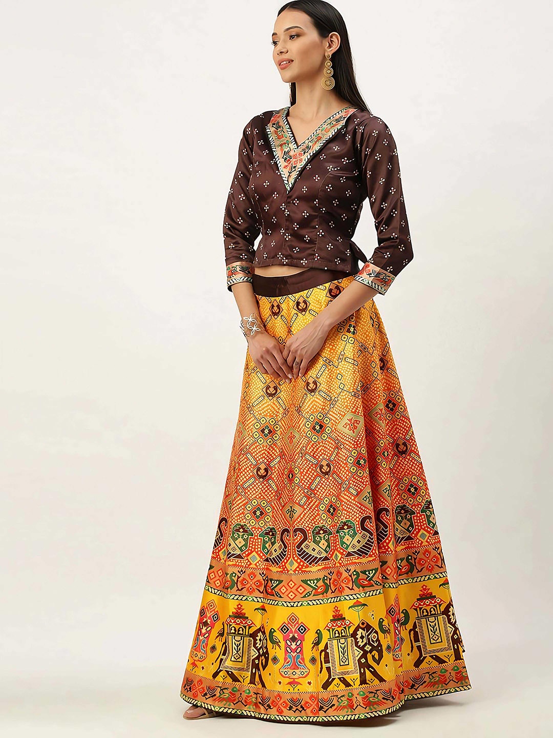 

Kaizen TEXO FAB Printed Raw Silk Semi-Stitched Lehenga Choli and Blouse, Khaki