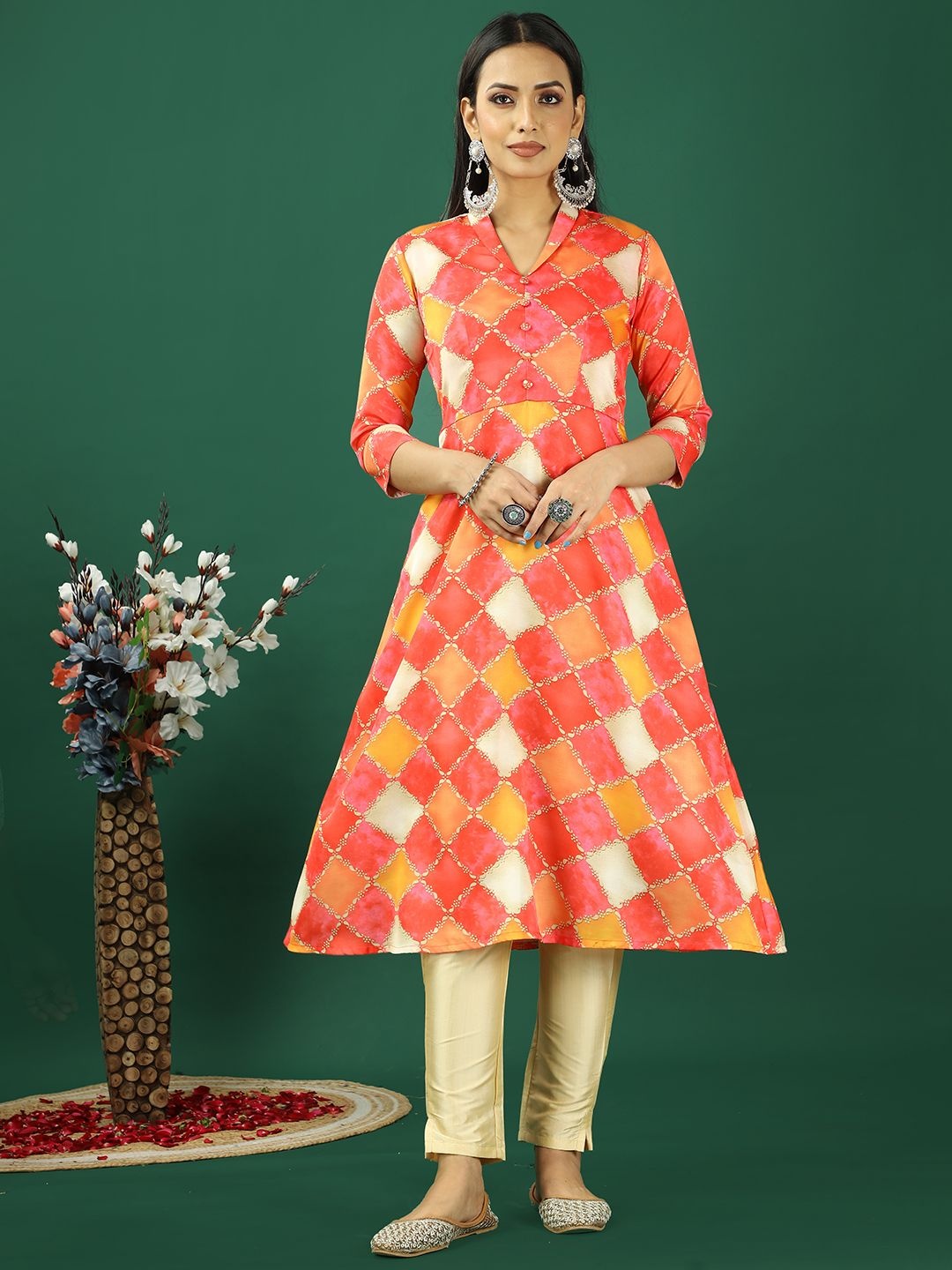 

Ethnovog Ethnic Motifs Printed Shawl Collar A-Line Kurta With Trousers, Orange