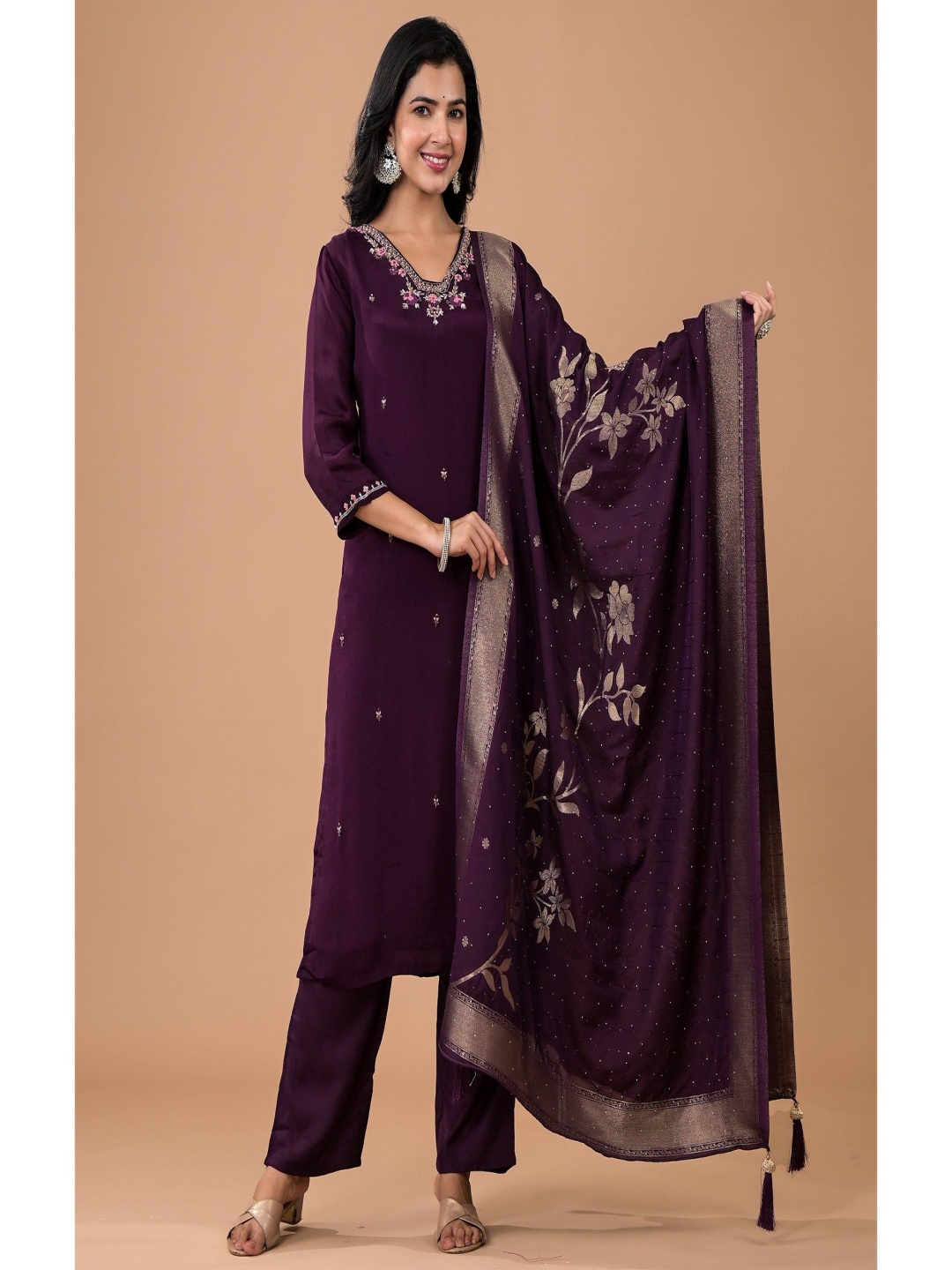 

Peachmode Floral Embroidered Silk Chiffon Kurta With Trousers And Dupatta, Purple