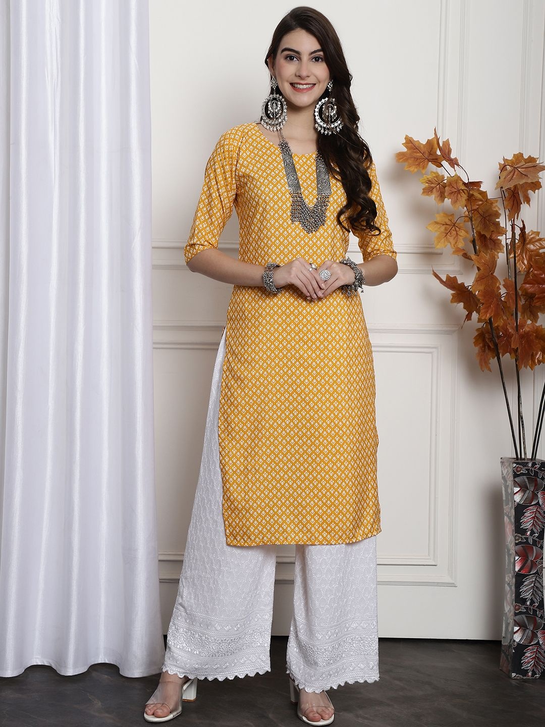 

7Threads Selection of 6 Geometric Printed Crepe Straight Kurtas, Yellow