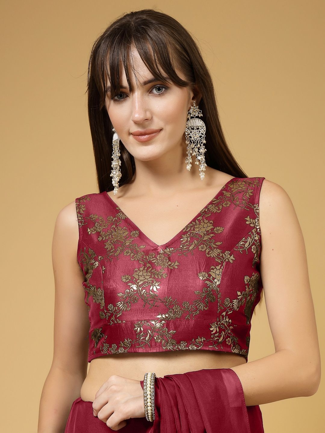 

Oomph! Woven Design Non Padded V Neck Sleeveless Saree Blouse, Red