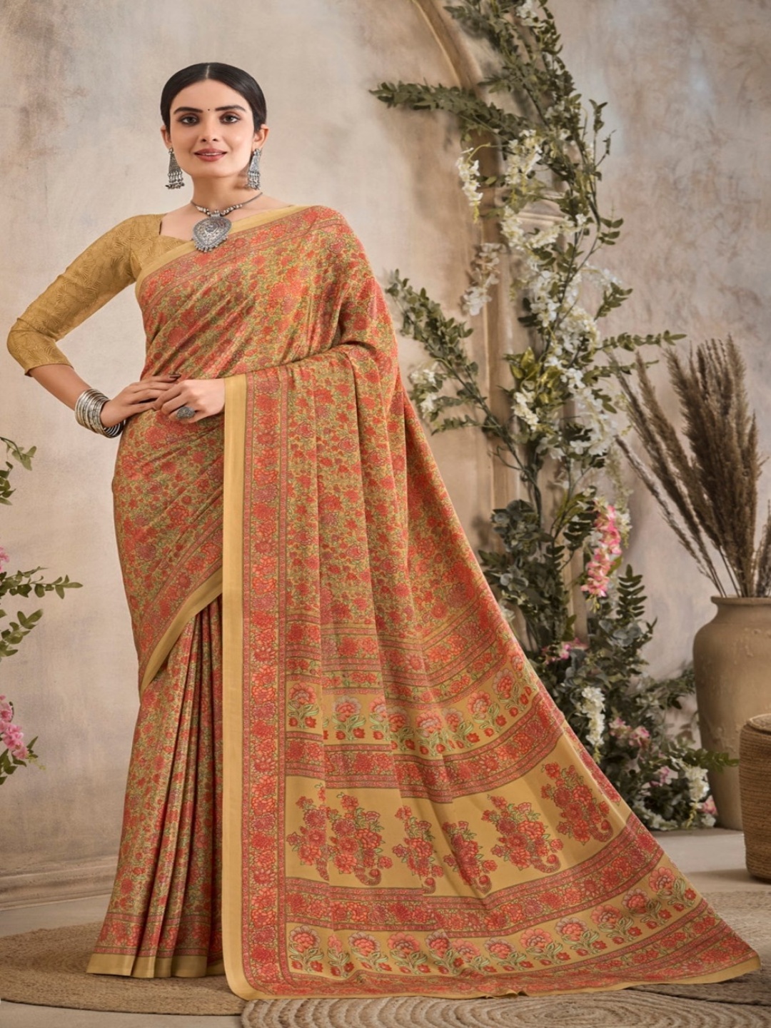 

Reboot Fashions Floral Printed Pure Crepe Saree, Beige