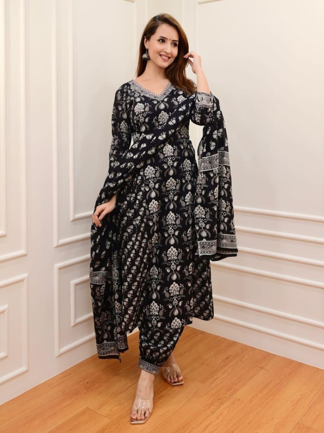 

FCV Ethnic Motifs Printed Pure Cotton Kurta With Trousers & Dupatta, Black
