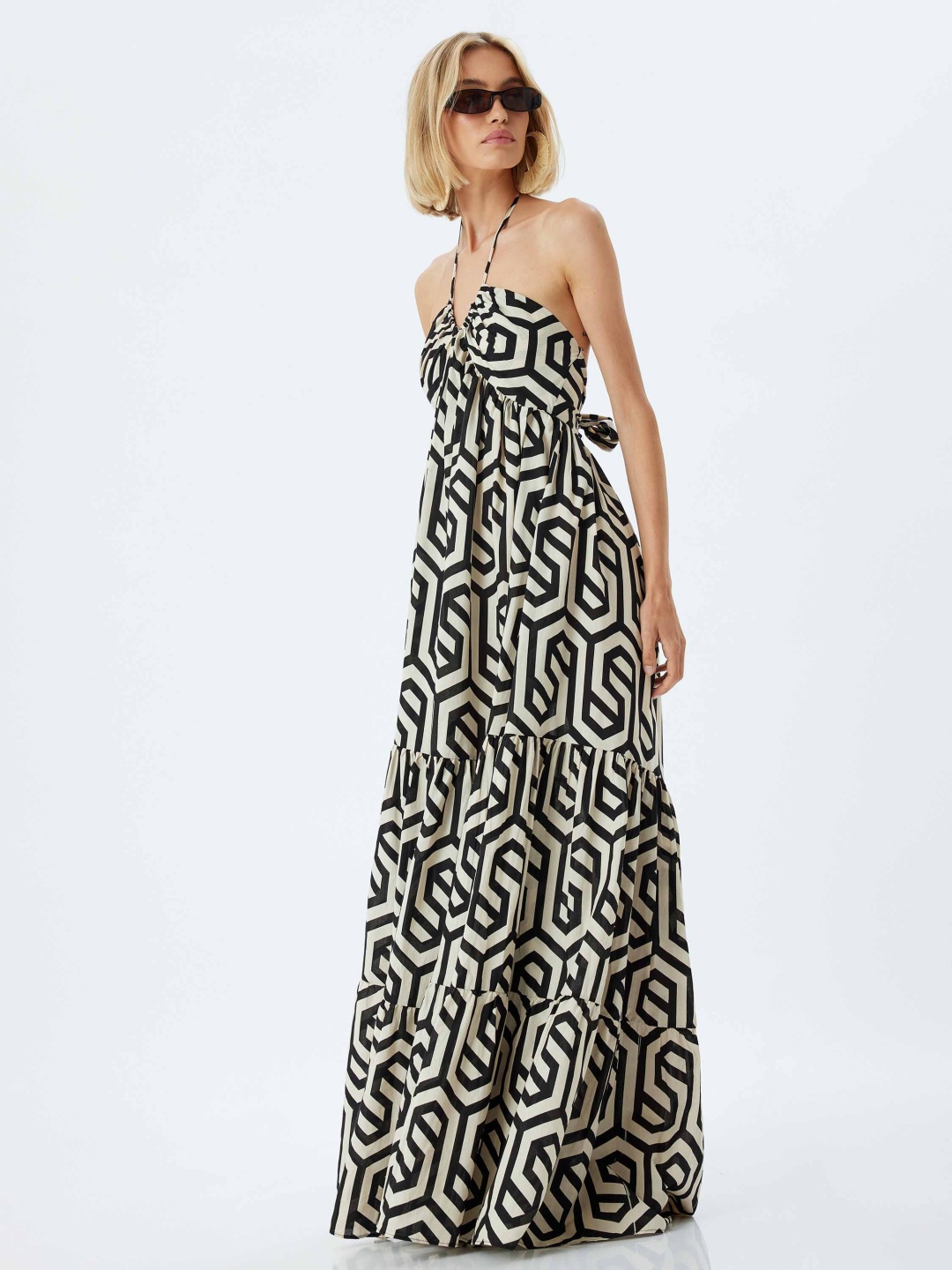 

Koton Women Geometric Printed Halter Neck Maxi Dress, Black