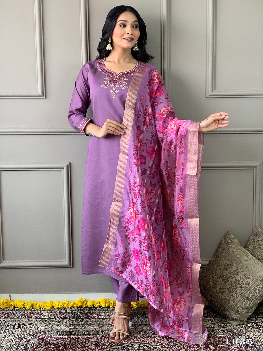 

Ishin Floral Embroidered Straight Kurta With Trouser & Dupatta, Purple