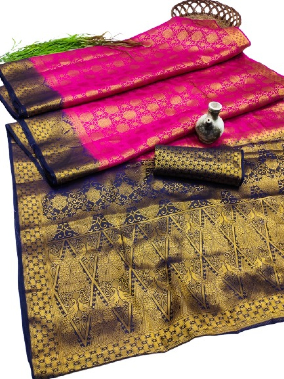 

QENY Woven Design Zari Pure Silk Banarasi Saree, Pink