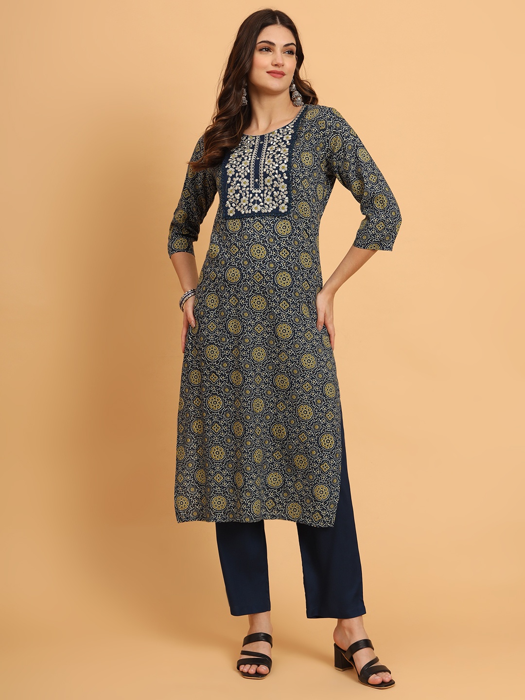 

KALINI Floral Embroidered Round Neck Pure Cotton Straight Kurta With Trousers & Dupatta, Blue