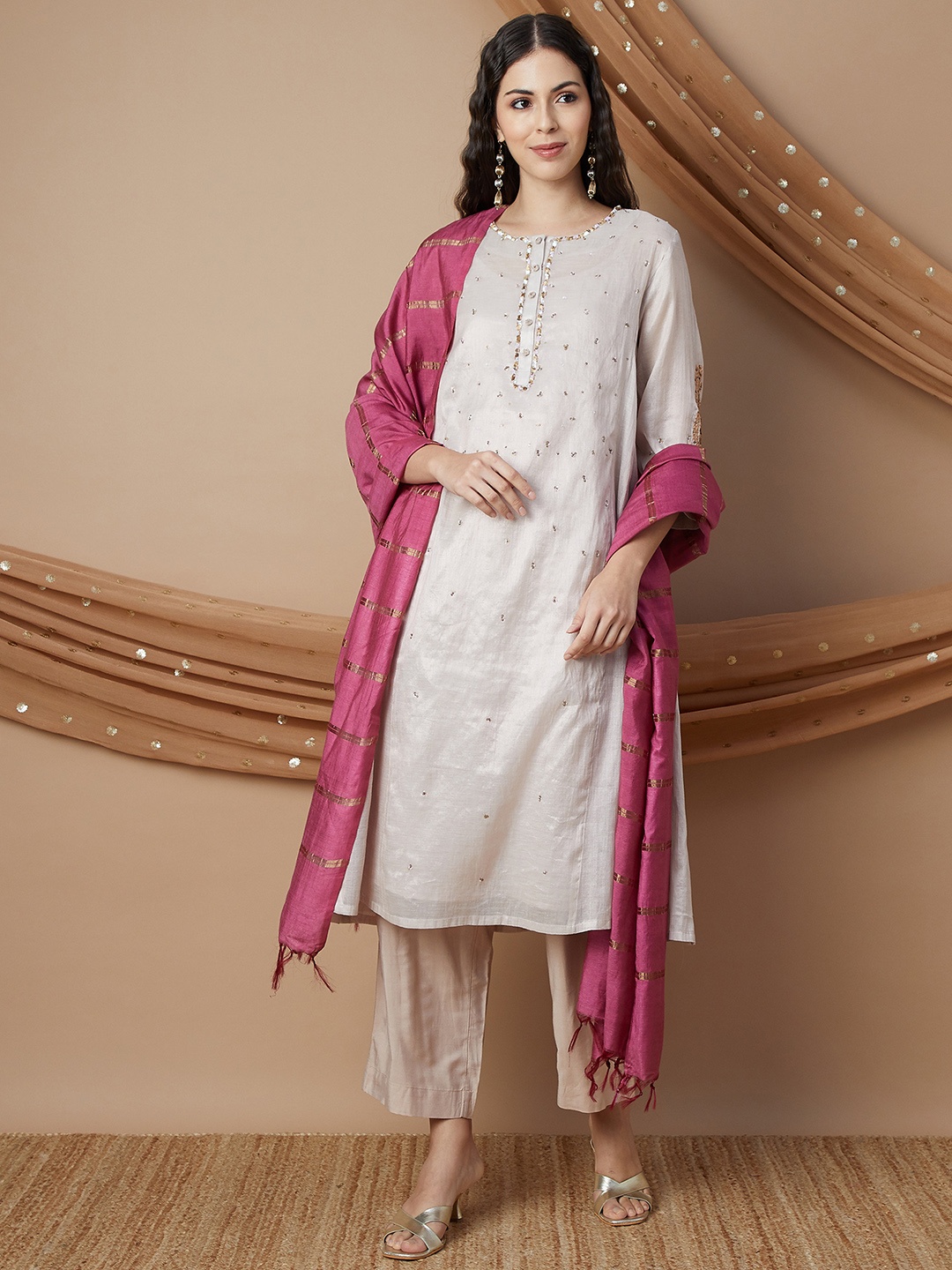 

Melange by Lifestyle Floral Embroidered Sequined Straight Kurta With Trousers & Dupatta, Beige