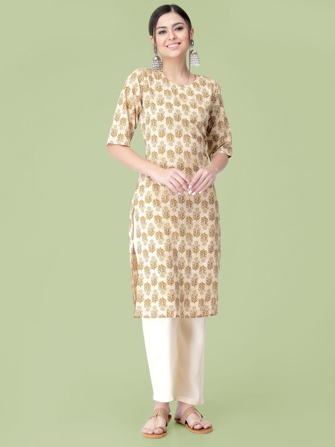 

7Threads Floral Printed Round Neck Straight Kurta With Trouser, Beige