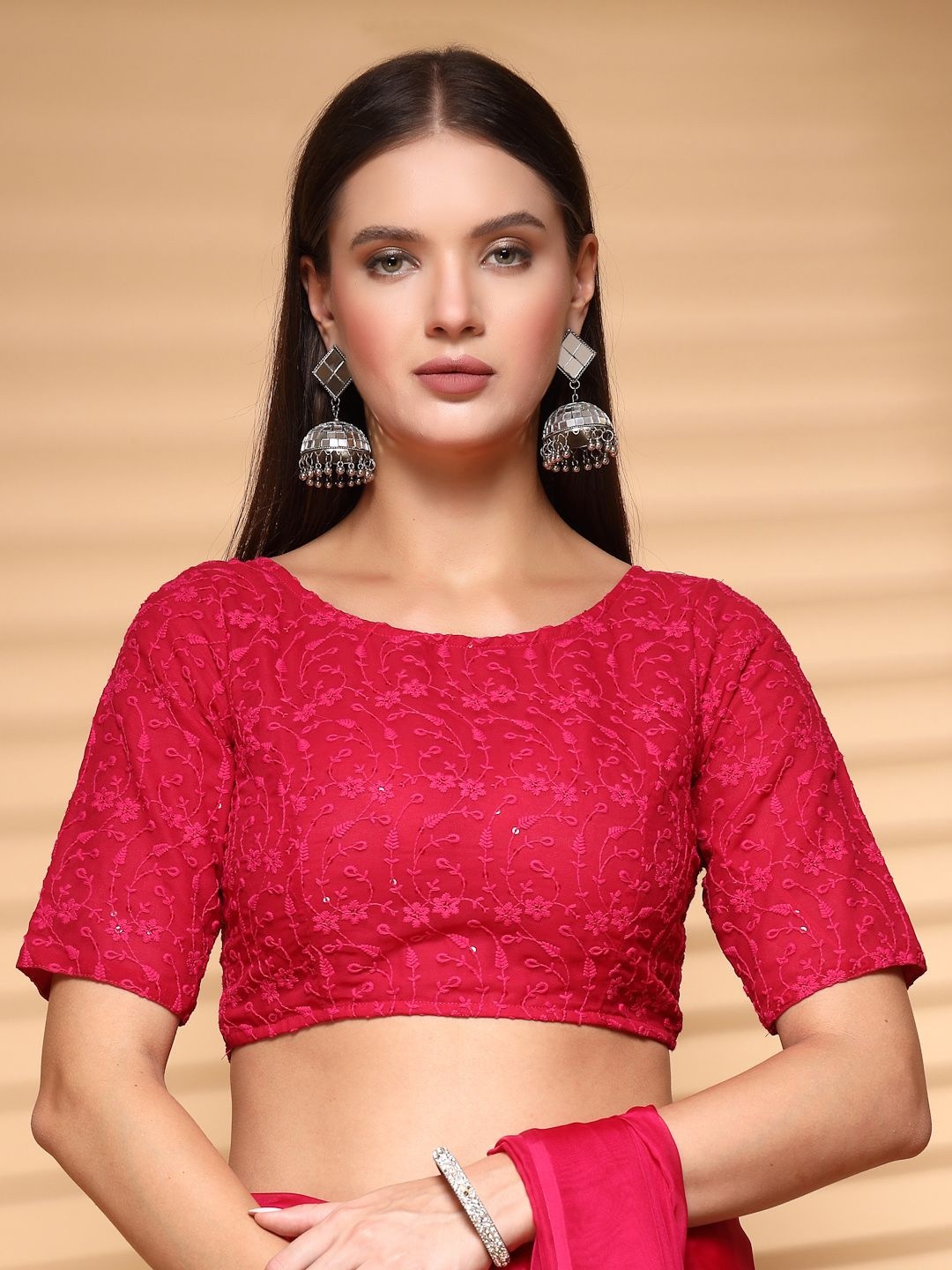 

Oomph! Non Padded Round Neck Saree Blouse, Pink