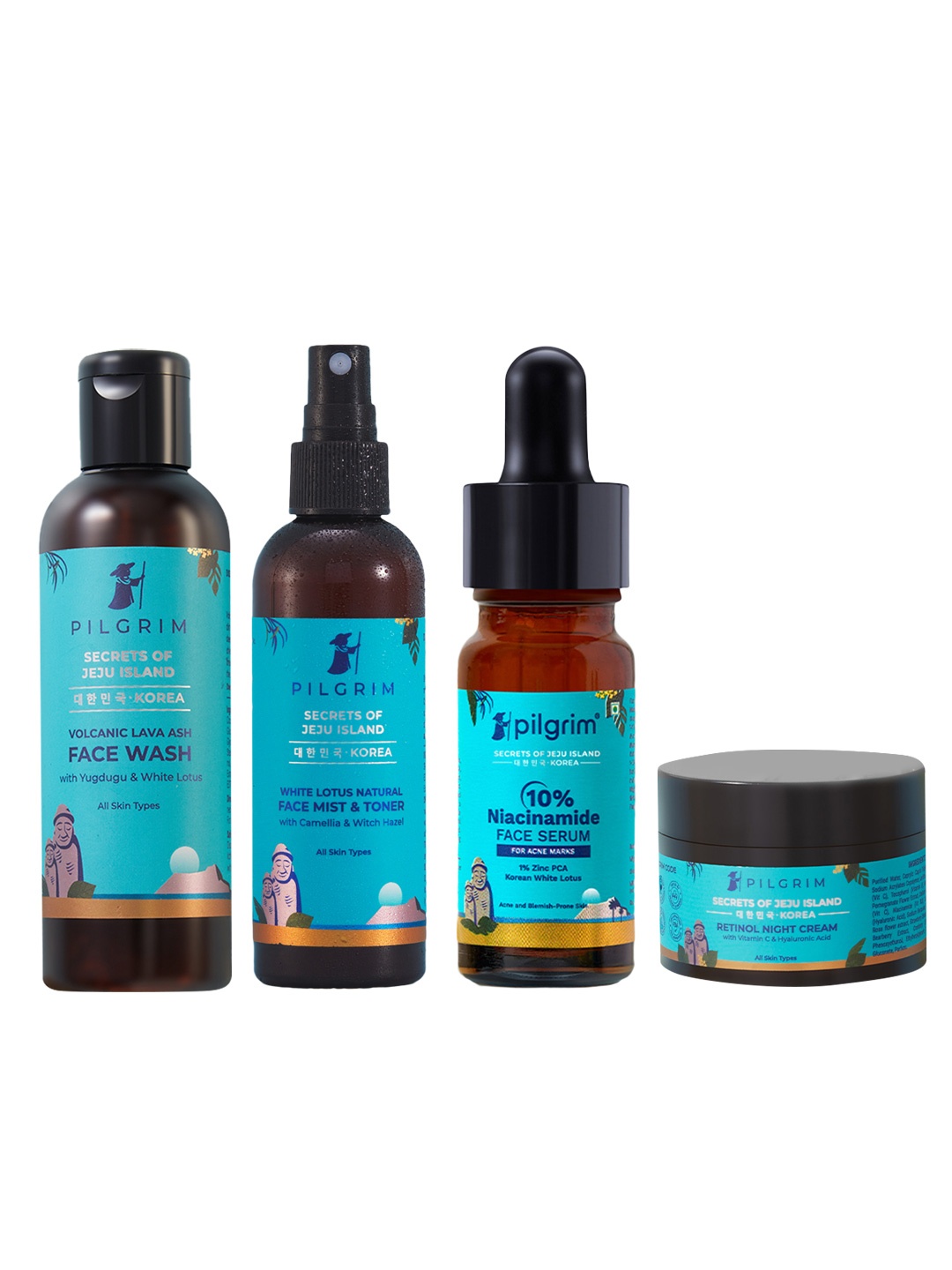 

Pilgrim Set of Face Wash, Face Mist & Toner, Retinol Night Cream, Face Serum, Teal