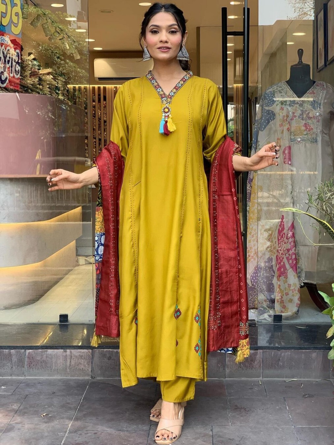 

KALINI Geometric Embroidered V-Neck Chanderi Silk Kurta with Trousers & Dupatta, Mustard