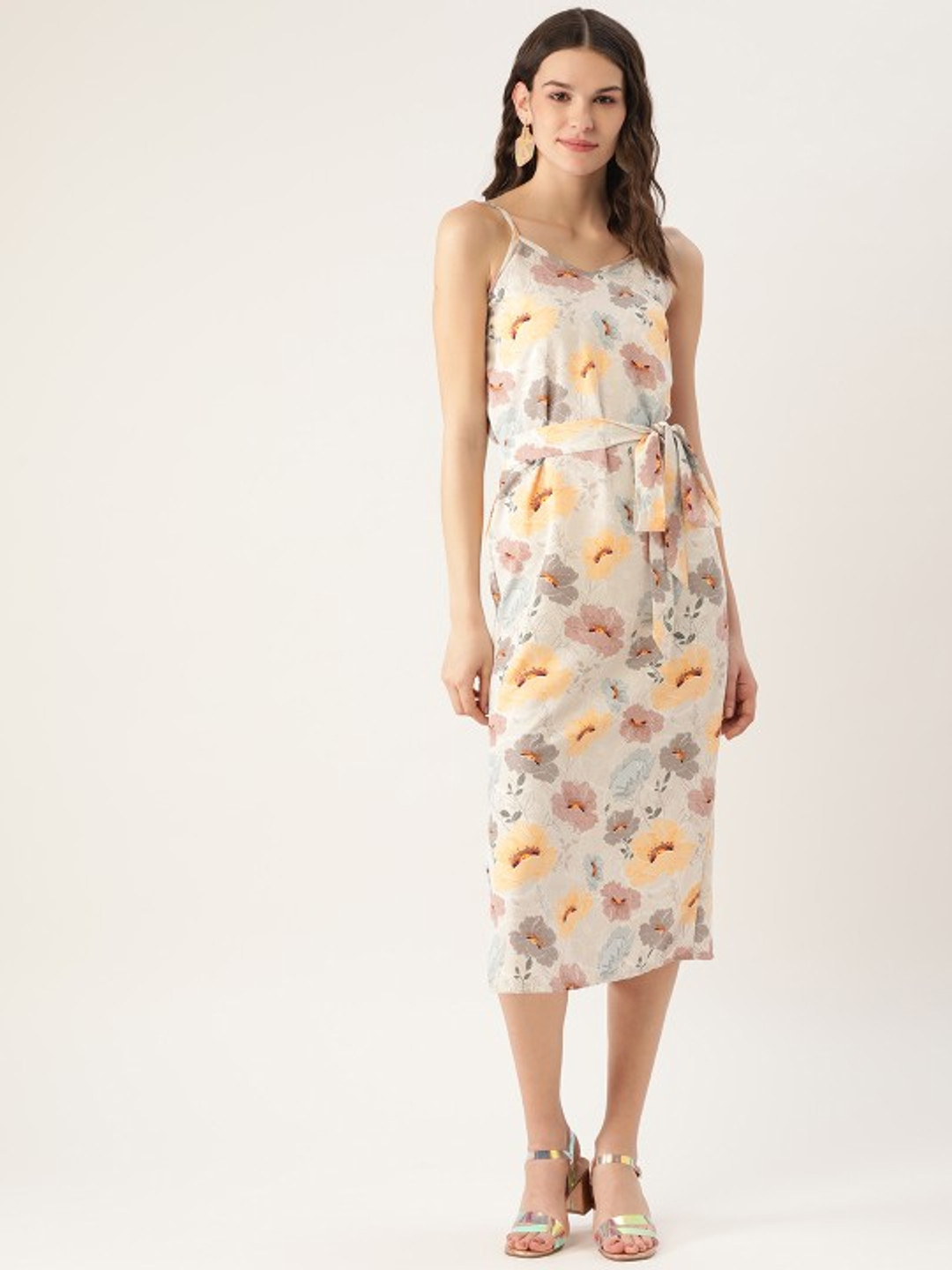 

MELOSO Women Floral Printed Shoulder Straps Sheath Dress, Off white