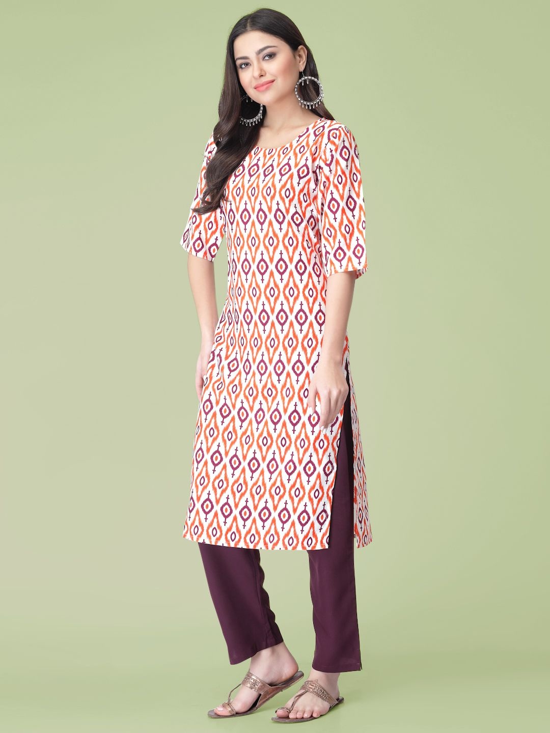 

7Threads Geometric Printed Round Neck Straight Kurta With Trousers, White