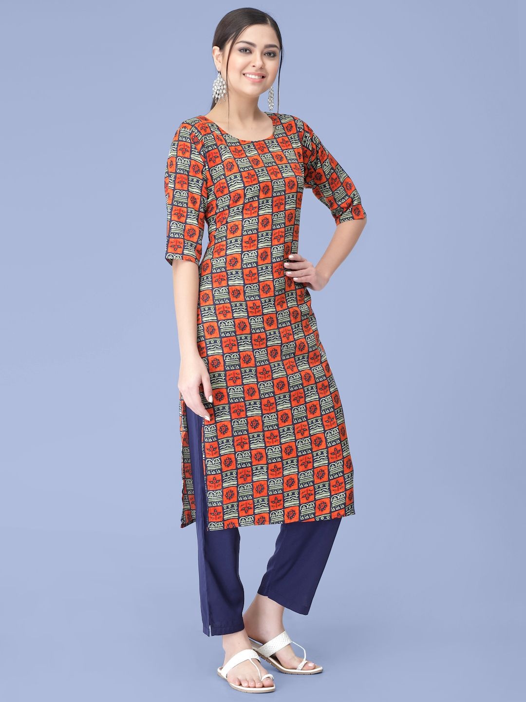 

7Threads Ethnic Motifs Printed Round Neck Straight Kurta with Trousers, Orange