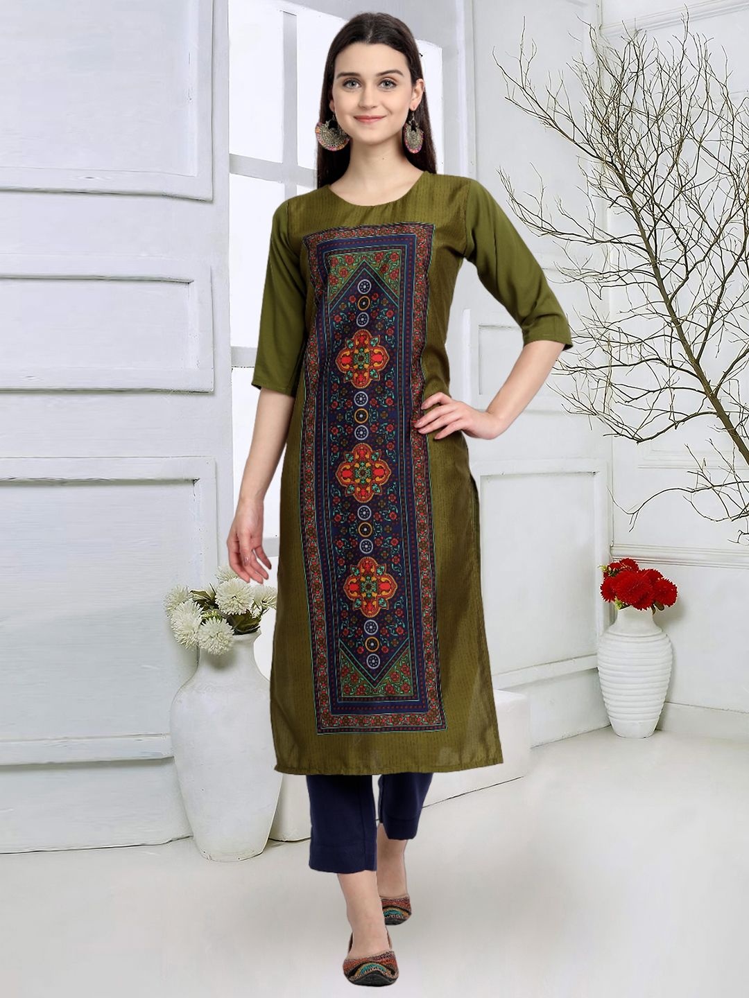 

7Threads Ethnic Motifs Printed Round Neck Straight Crepe Kurta, Olive