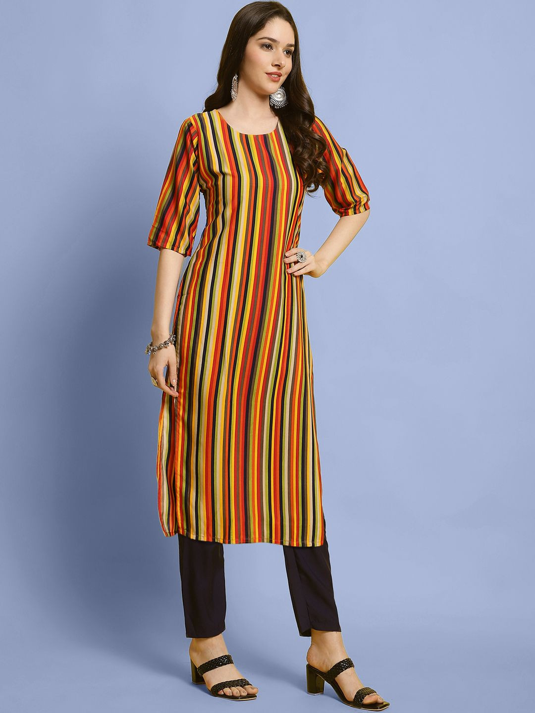 

7Threads Striped Printed Round Neck Straight Kurta with Trousers, Yellow