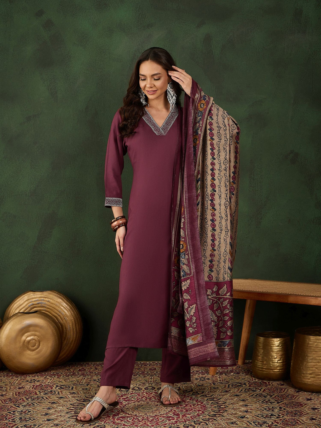 

Sangria Thread Work V-Neck Straight Kurta With Trousers And Dupatta, Coffee brown