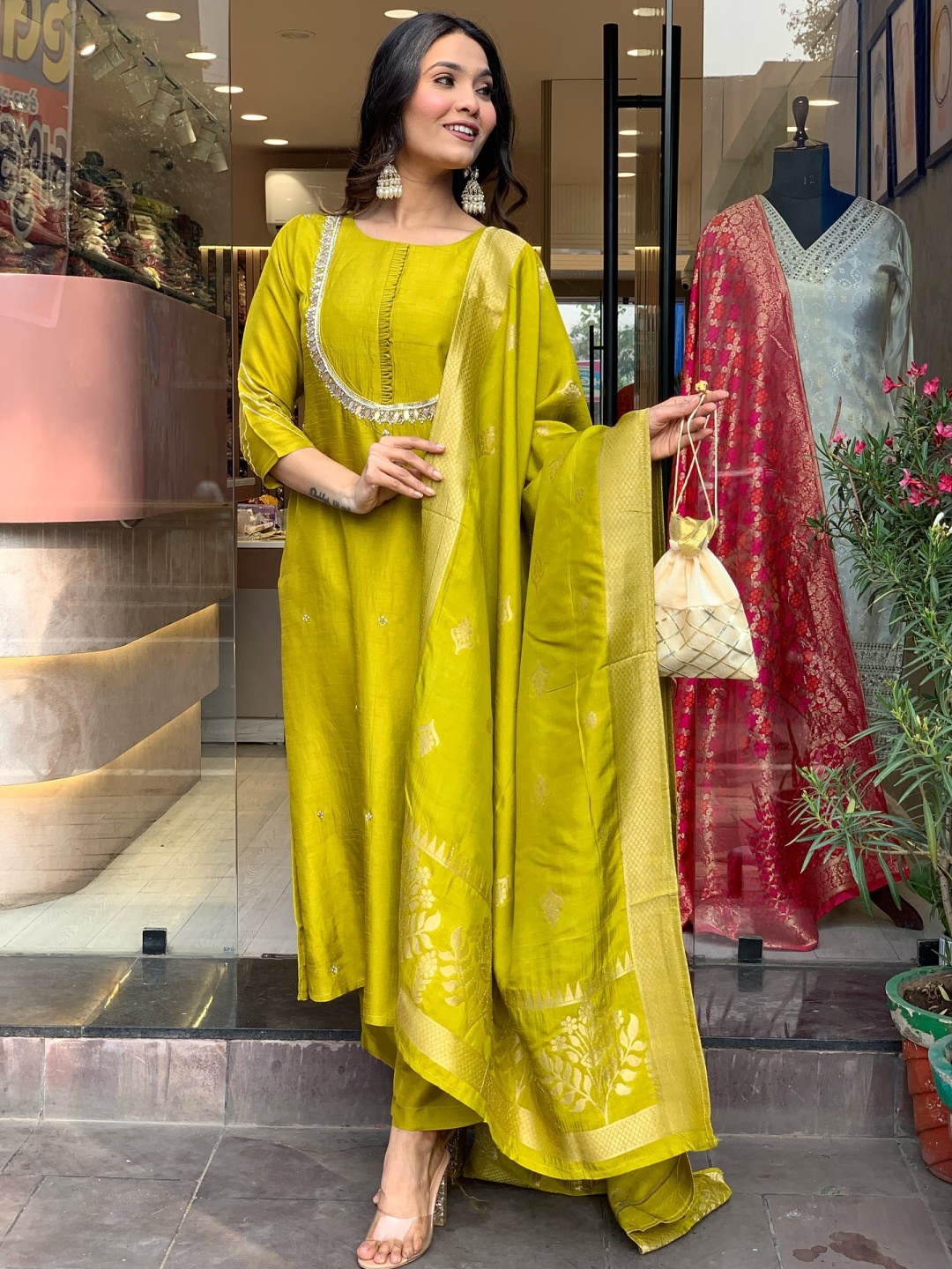 

KALINI Floral Embroidered Sequinned Straight Kurta With Trousers & Dupatta, Green