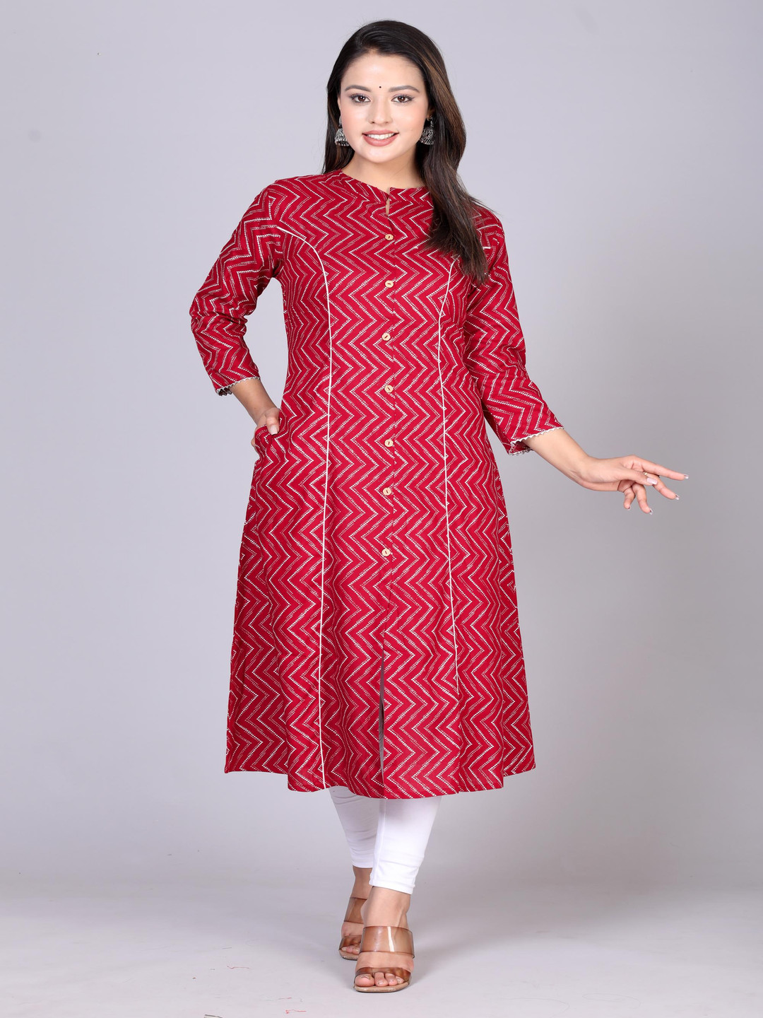 

ANTU KURTIES Chevron Printed Mandarin Collar Neck Three-Quarter Sleeves Cotton Kurta, Red