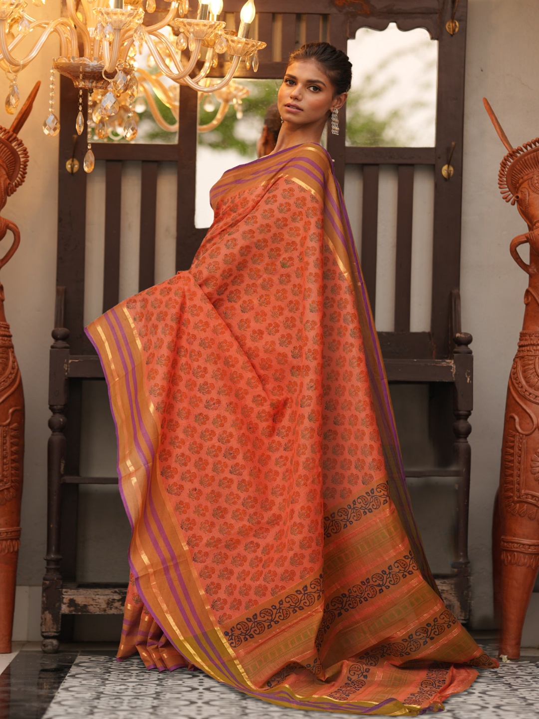 

Unnati Silks Ethnic Motifs Zari Pure Cotton Handloom Mangalagiri Saree, Orange