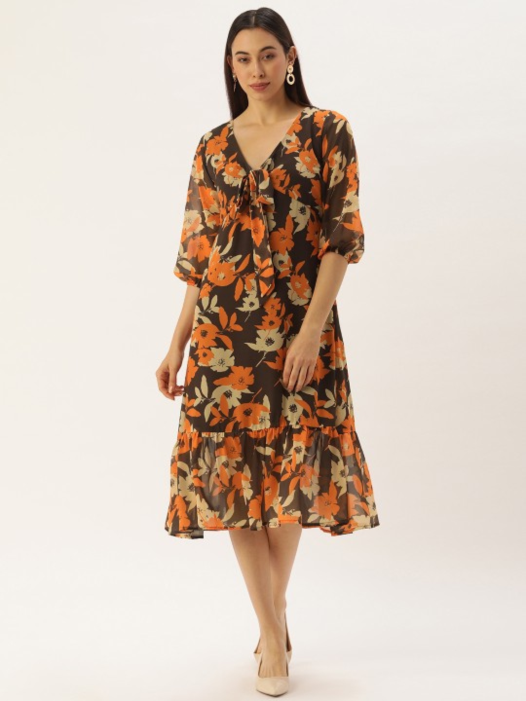 

MELOSO Floral Print Tie-Up Neck Bishop Sleeve Georgette Fit & Flare Maxi Dress, Brown