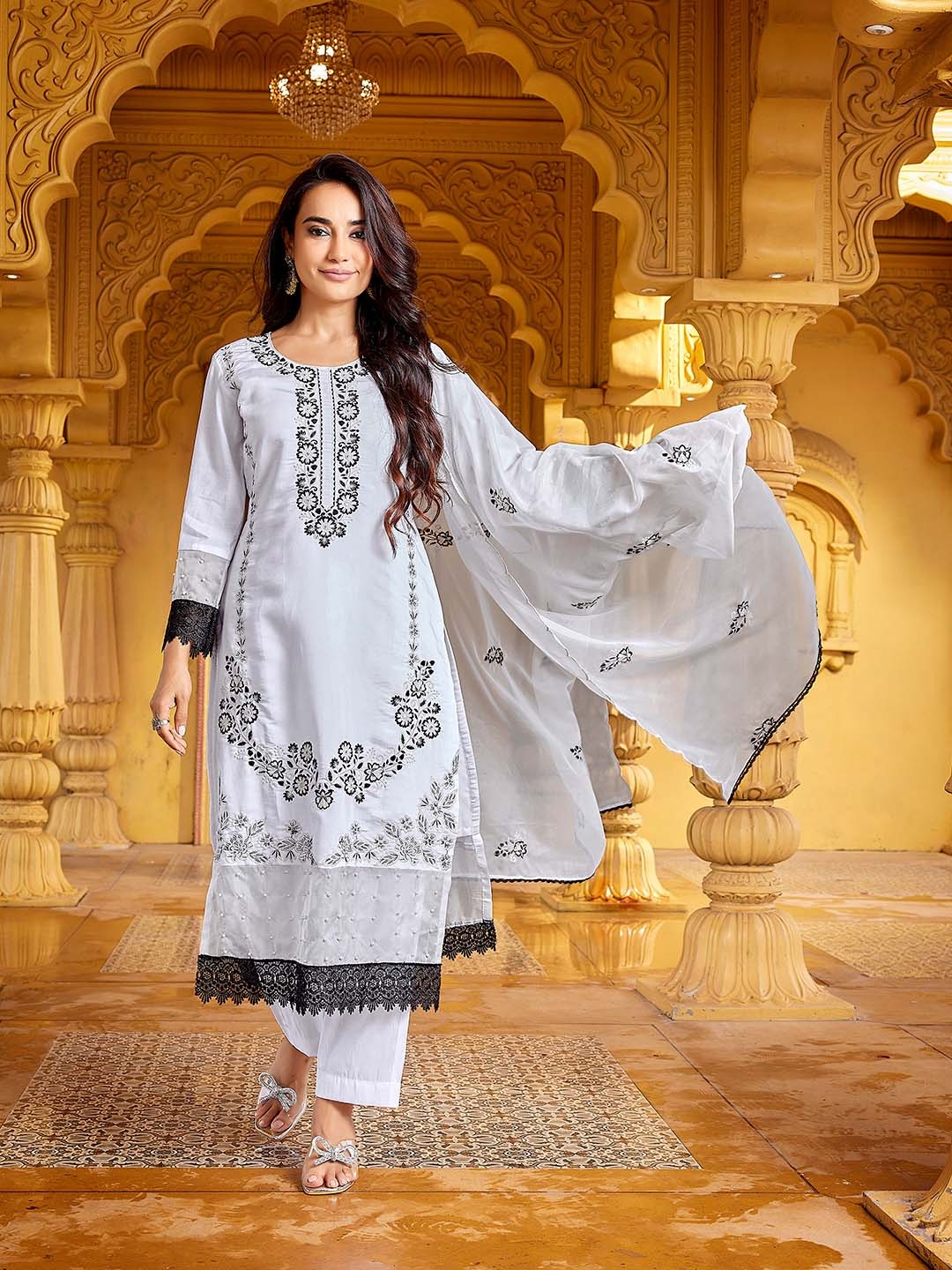 

Royal Export Floral Embroidered Thread Work Kurta with Trouser & Dupatta, White