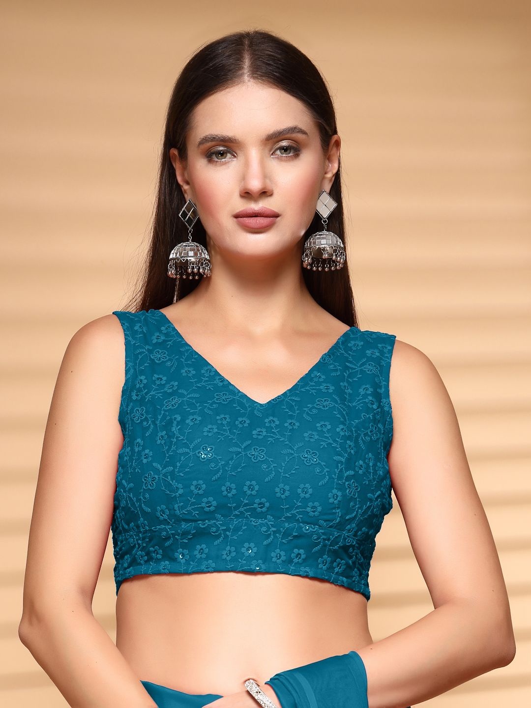 

Oomph! Embroidered V Neck Saree Blouse, Teal